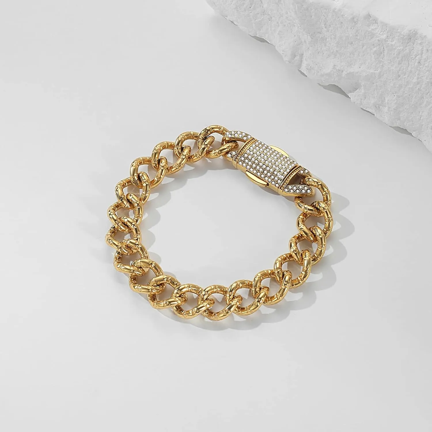 Miami Cuban Link Chain Bracelet for Men,13mm Stainless Steel Chunky Bracelet with Czech Rhinestone, 8inch 9inch