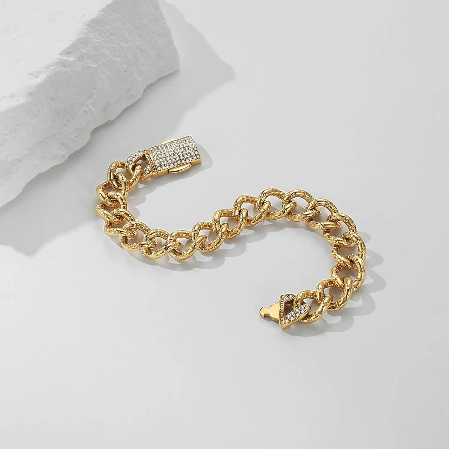 Miami Cuban Link Chain Bracelet for Men,13mm Stainless Steel Chunky Bracelet with Czech Rhinestone, 8inch 9inch