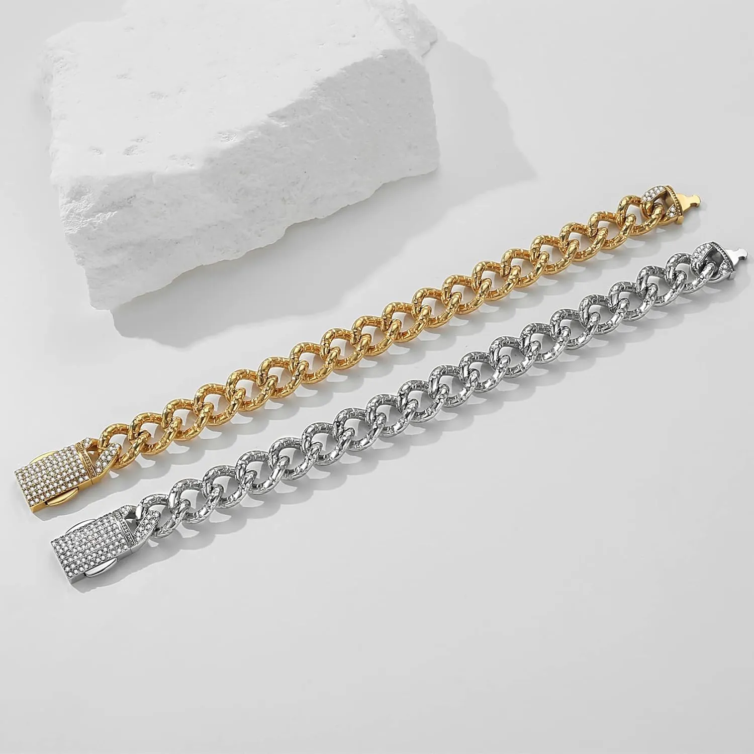 Miami Cuban Link Chain Bracelet for Men,13mm Stainless Steel Chunky Bracelet with Czech Rhinestone, 8inch 9inch