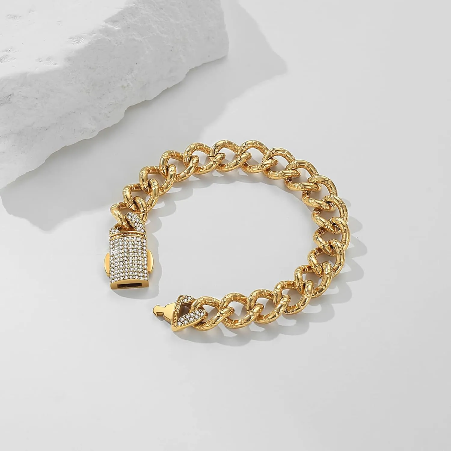 Miami Cuban Link Chain Bracelet for Men,13mm Stainless Steel Chunky Bracelet with Czech Rhinestone, 8inch 9inch