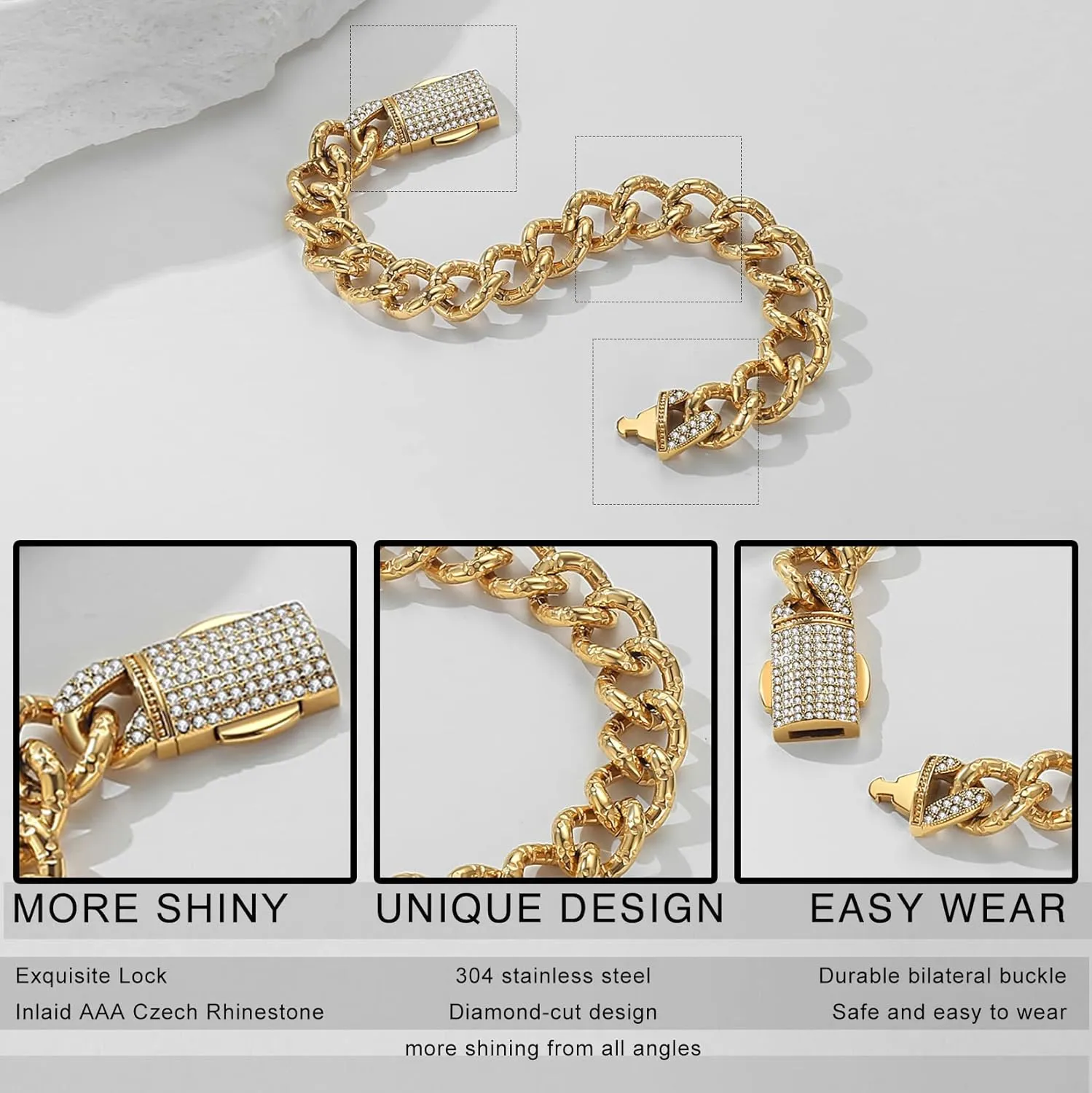 Miami Cuban Link Chain Bracelet for Men,13mm Stainless Steel Chunky Bracelet with Czech Rhinestone, 8inch 9inch
