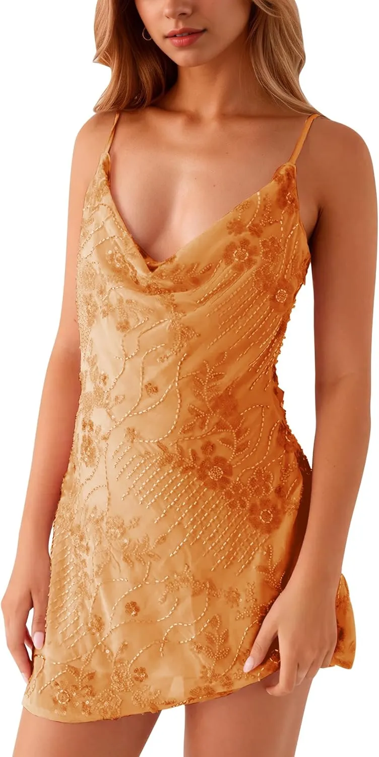 MISSACTIVER Women's Sparkly Sequin Rhinestone Mini Dress Cowl Neck Sleeveless Open Back Spaghetti Strap Cami Dresses Party