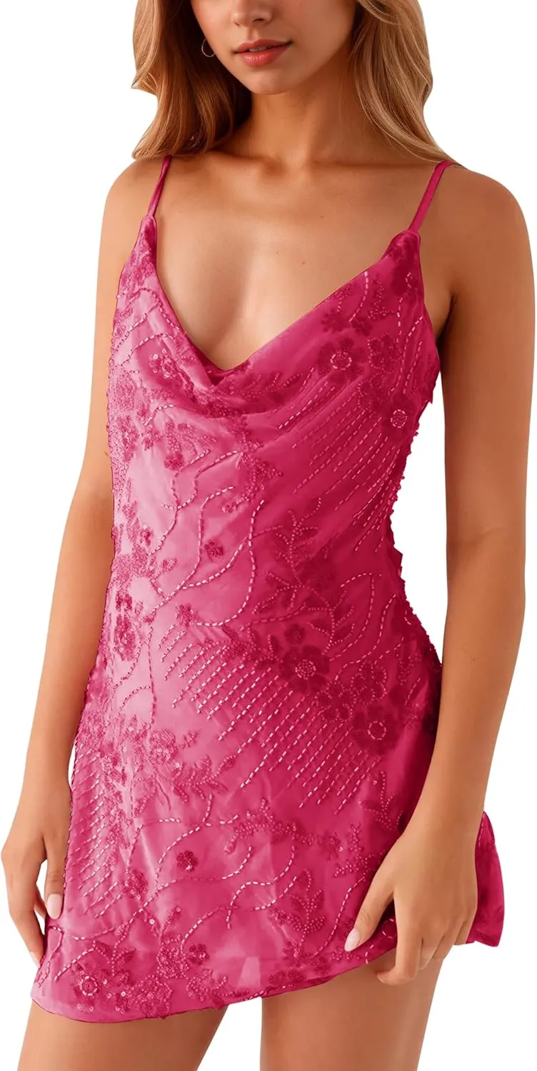 MISSACTIVER Women's Sparkly Sequin Rhinestone Mini Dress Cowl Neck Sleeveless Open Back Spaghetti Strap Cami Dresses Party