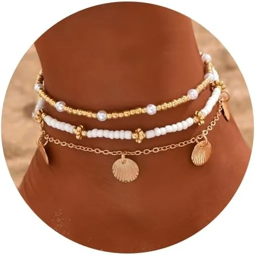 Multilayer Shell Starfish Anklets for Women, Adjustable Boho Beach Beaded Anklet Bracelets Handmade Seashell Gravel Anklet Set Waterproof Foot Jewelry