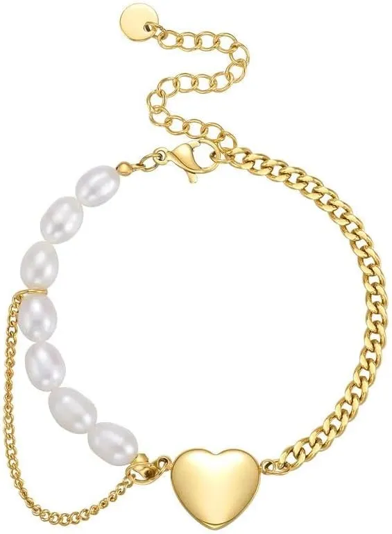 Natural Pearl Heart Bracelet For Women Gold Color Bangle Stainless Steel Jewelry SSS-1018-EN-25