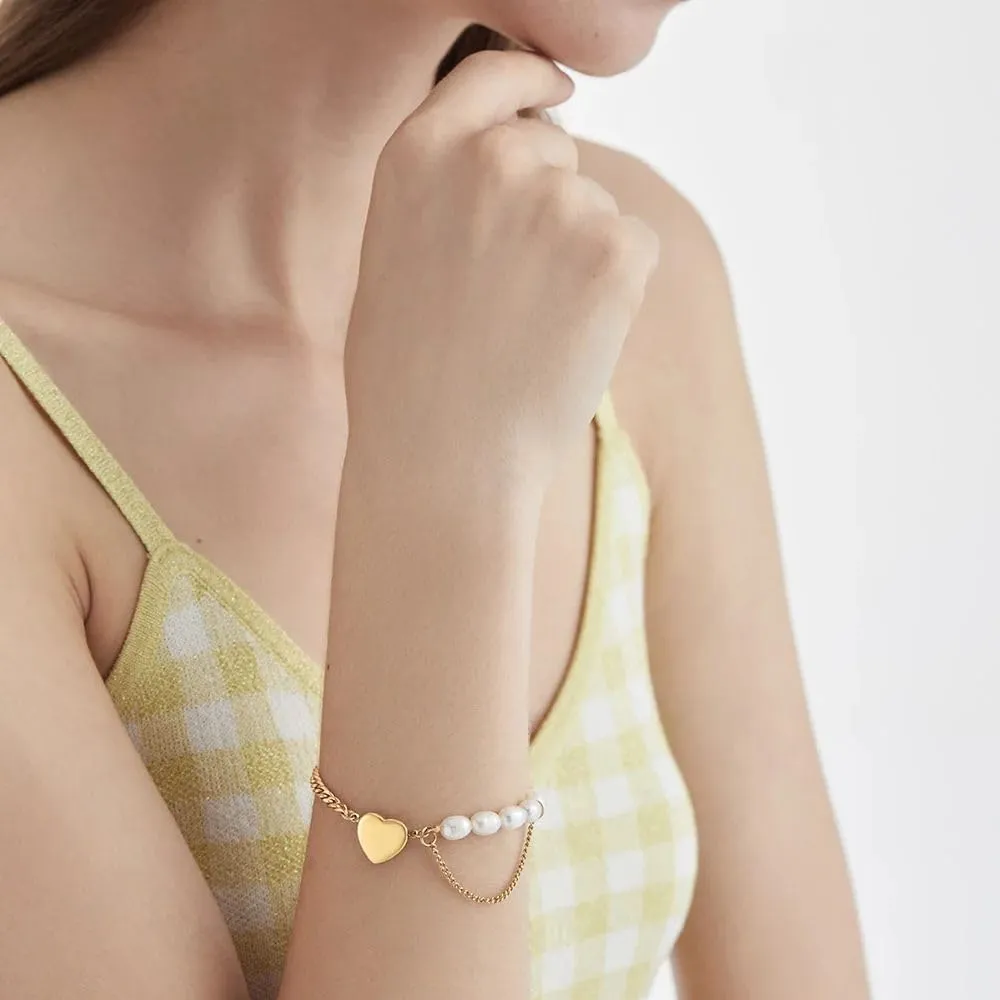 Natural Pearl Heart Bracelet For Women Gold Color Bangle Stainless Steel Jewelry SSS-1018-EN-25