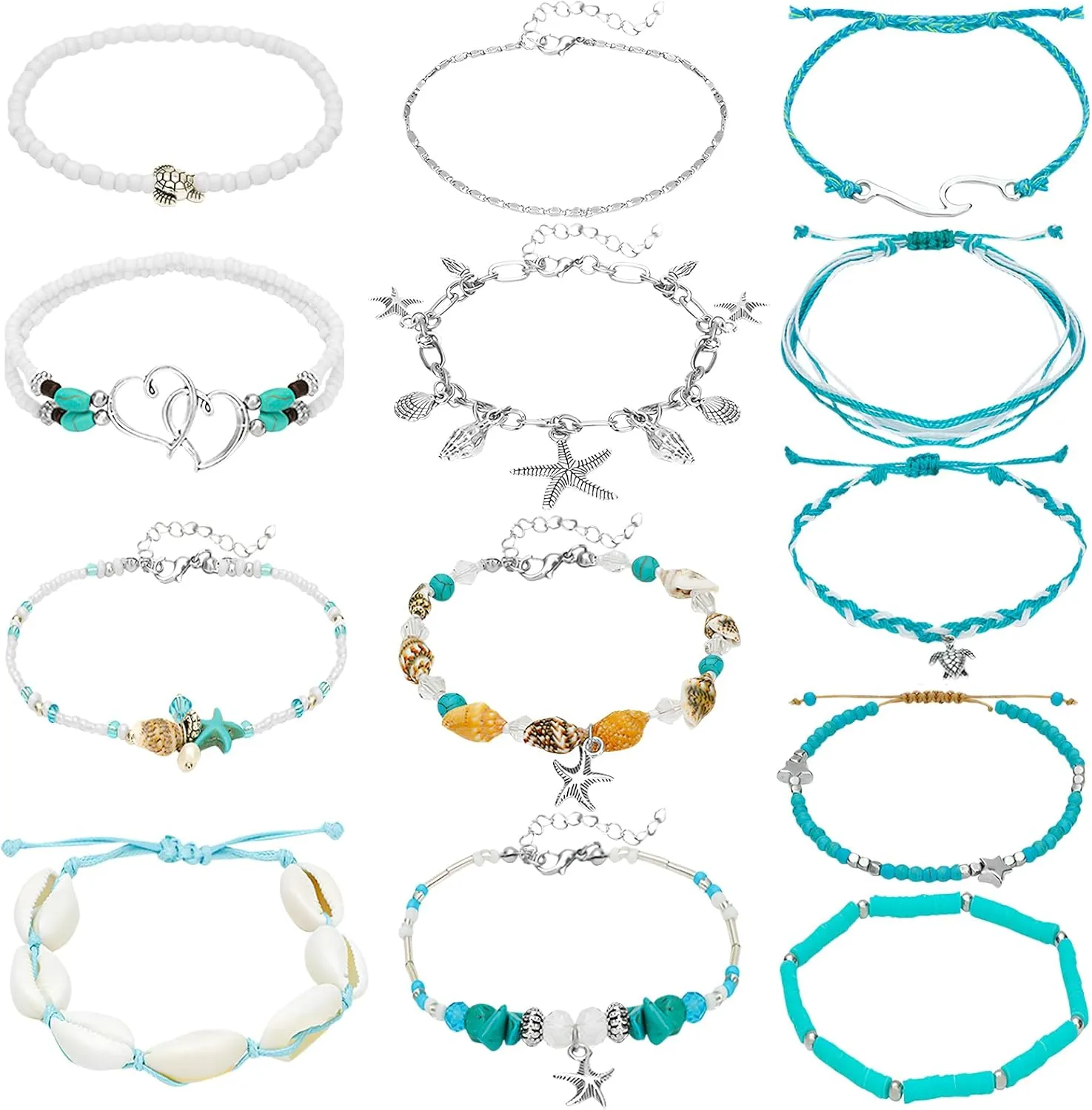 NEWITIN 13 Pieces Woven Silver Ankle Bracelets for Women Adjustable Anklet Boho Beach Anklets Handmade Anklets Set Summer Beach Foot Chain Jewelry for Women