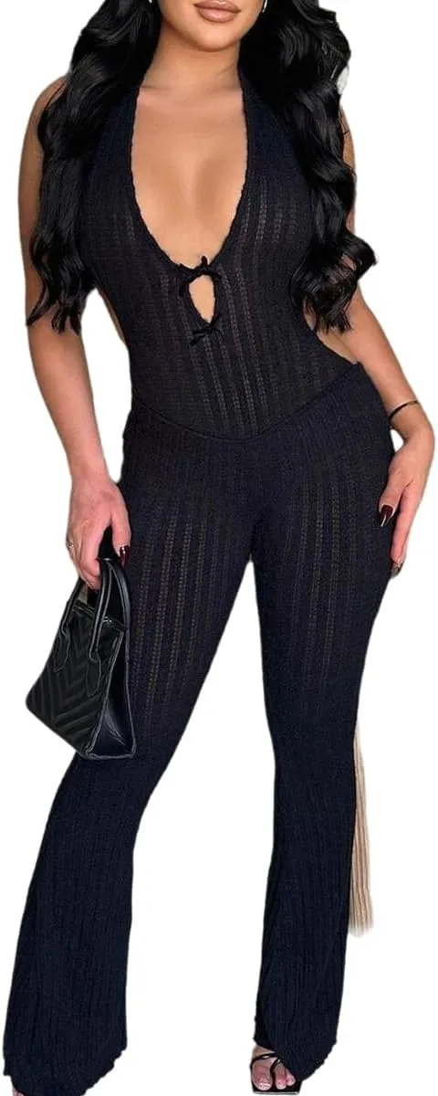 NIFTRIRY One Piece Jumpsuits For Women Halter Back Tied Sexy Velvet Jumpsuit Sleeveless Romper