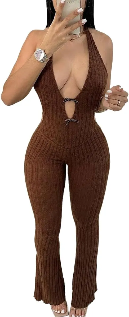 NIFTRIRY One Piece Jumpsuits For Women Halter Back Tied Sexy Velvet Jumpsuit Sleeveless Romper