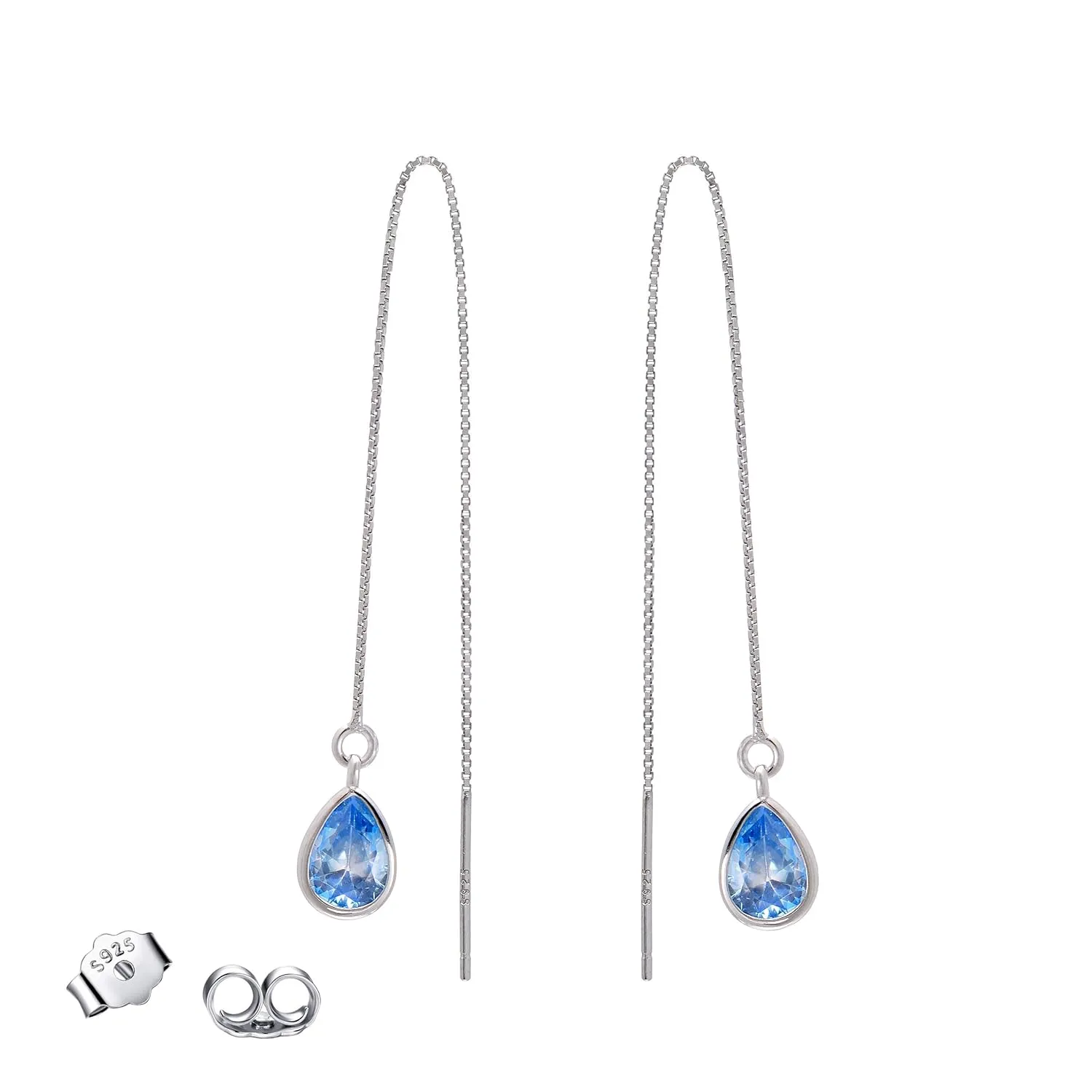Ocean Blue CZ Tear Drop Long Sterling Silver Chain Threader Earrings for Women, White Rhoium Gold Plating