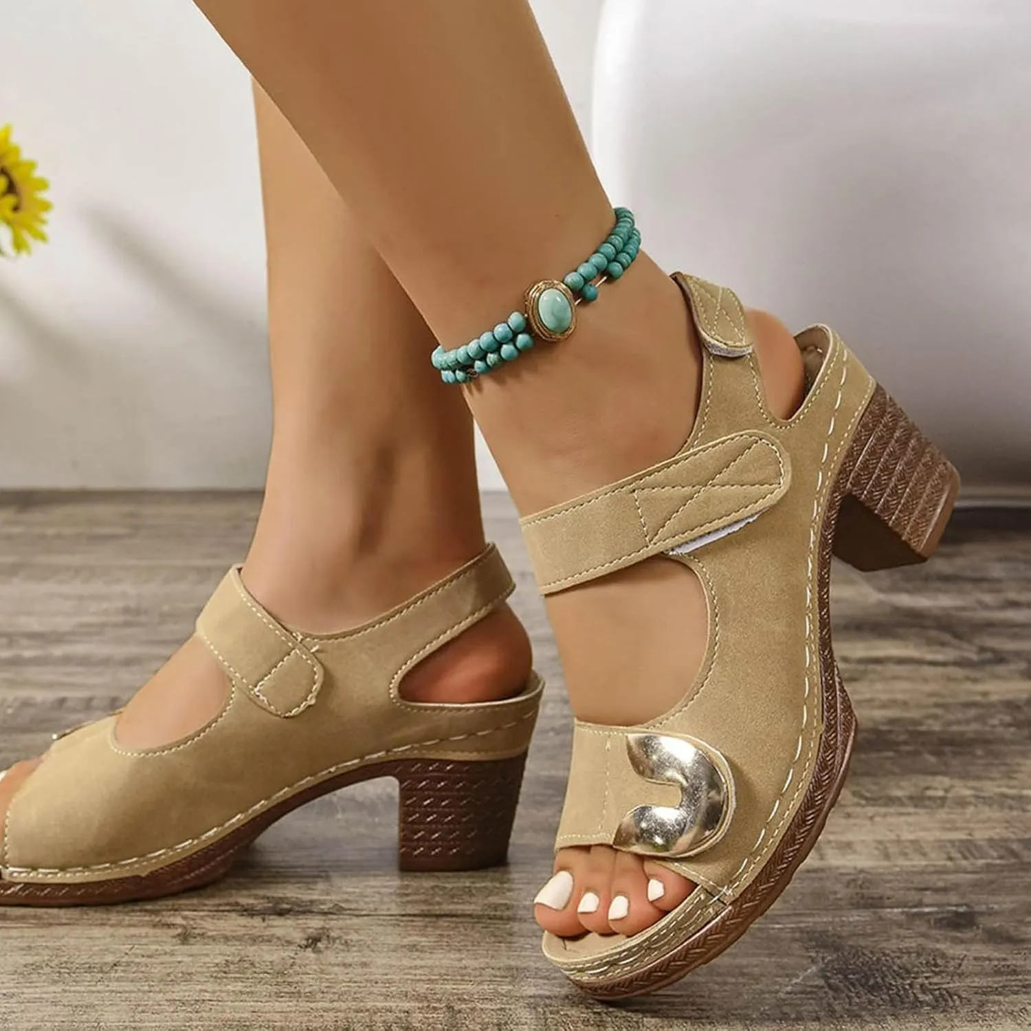 Orthopedic Sandals for Women Casual Chunky Heeled Sandals Peep Toe Slip On Cutout Sandal Hook and Loop Lightweight Walking Footwear Comfortable Dressy Wedge Sandal