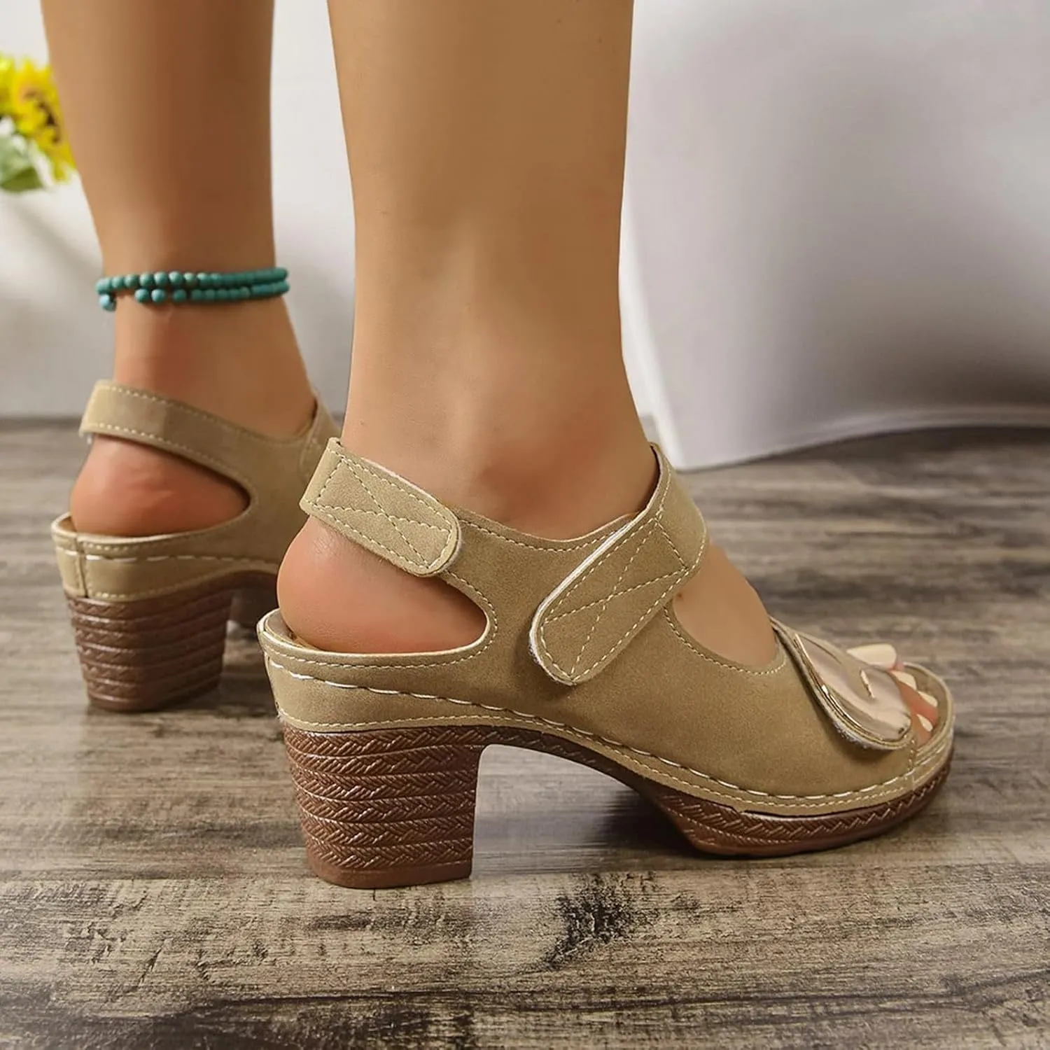 Orthopedic Sandals for Women Casual Chunky Heeled Sandals Peep Toe Slip On Cutout Sandal Hook and Loop Lightweight Walking Footwear Comfortable Dressy Wedge Sandal