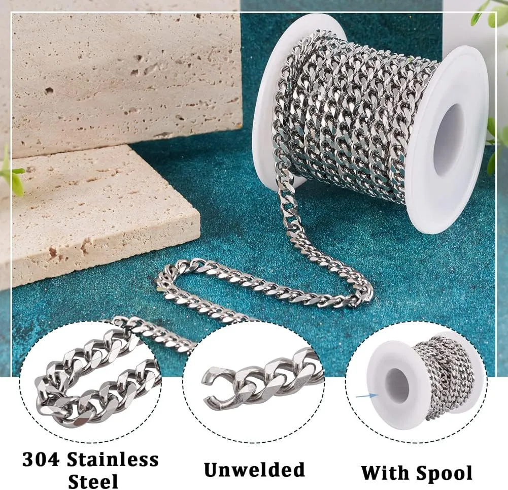 Pandahall 16.4 Feet Stainless Steel Cuban Link Chains Unwelded Metal Necklace Jewelry Chains for Jewelry Making Men Womens Bracelet with Spool Roll, 8x6.3x3mm
