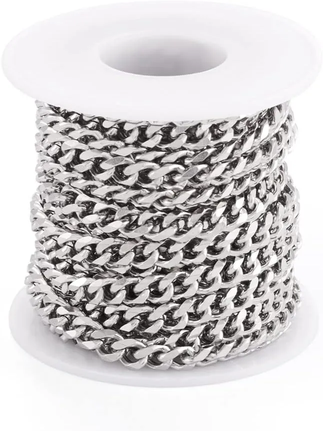 Pandahall 16.4 Feet Stainless Steel Cuban Link Chains Unwelded Metal Necklace Jewelry Chains for Jewelry Making Men Womens Bracelet with Spool Roll, 8x6.3x3mm
