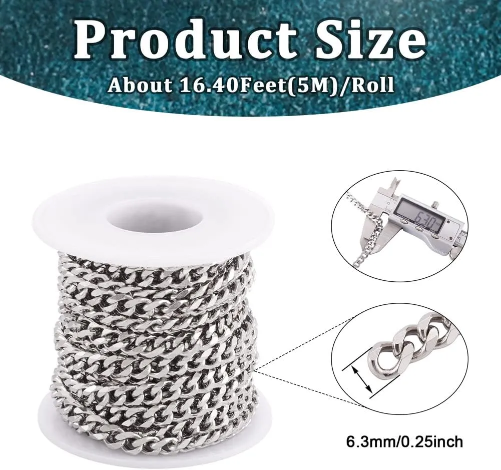 Pandahall 16.4 Feet Stainless Steel Cuban Link Chains Unwelded Metal Necklace Jewelry Chains for Jewelry Making Men Womens Bracelet with Spool Roll, 8x6.3x3mm