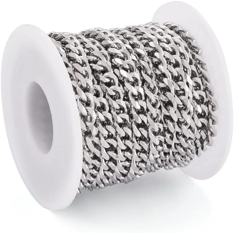 Pandahall 16.4 Feet Stainless Steel Cuban Link Chains Unwelded Metal Necklace Jewelry Chains for Jewelry Making Men Womens Bracelet with Spool Roll, 8x6.3x3mm