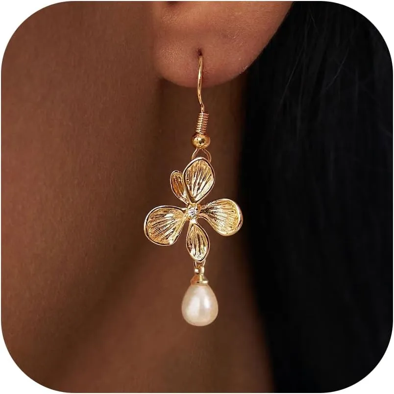 Pearl Earrings for Women - 14K Gold Plated Bridal Pearl Drop Earrings Elegant Wedding Studs for Brides