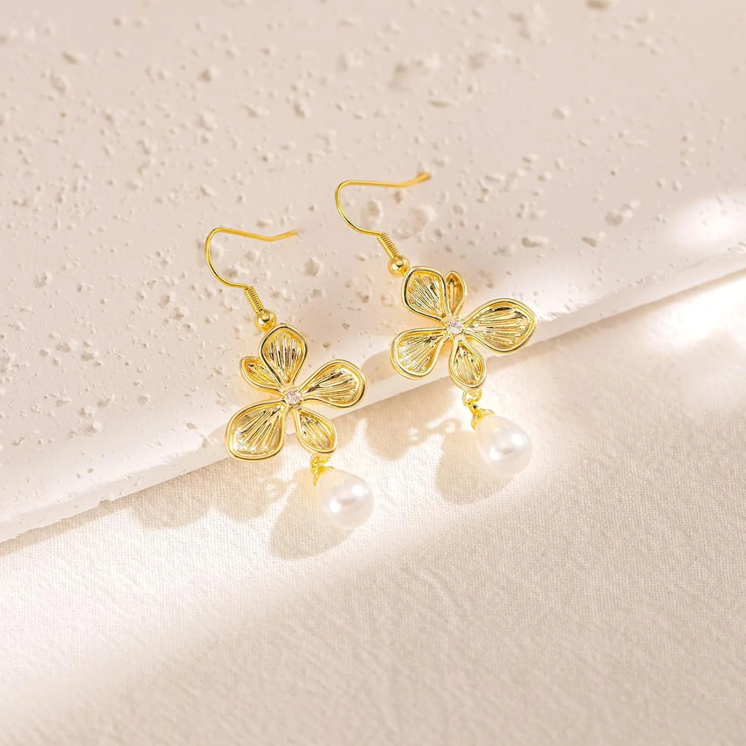Pearl Earrings for Women - 14K Gold Plated Bridal Pearl Drop Earrings Elegant Wedding Studs for Brides