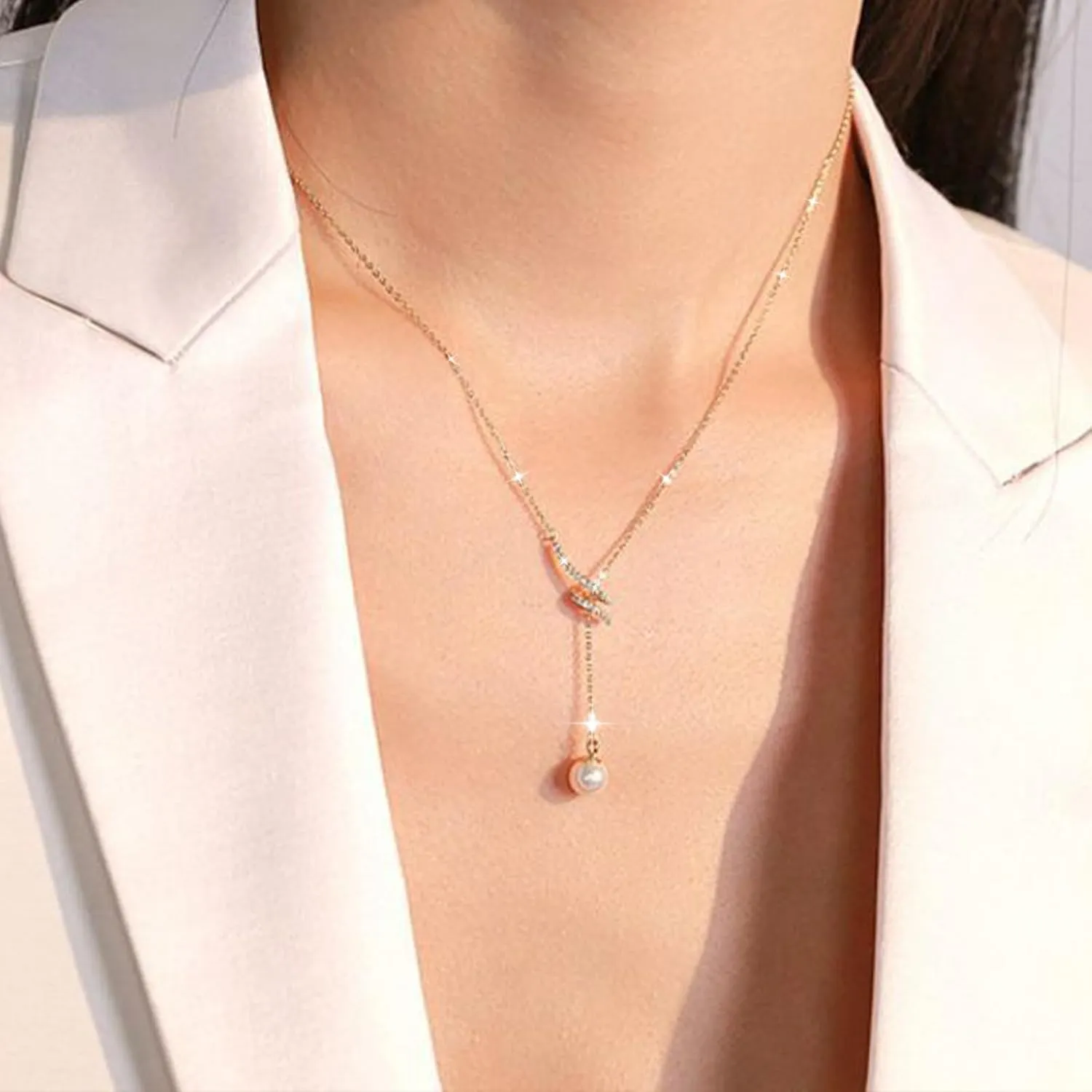 Pearl Lariat Necklaces for Women Mom S925 Sterling Silver Dainty Spiral CZ Pearl Pendant Long Necklace Sparkle Y-Shape Necklaces Pearl Drop Necklace Gold Jewelry Gifts for Brides Wedding Chain 17 2''