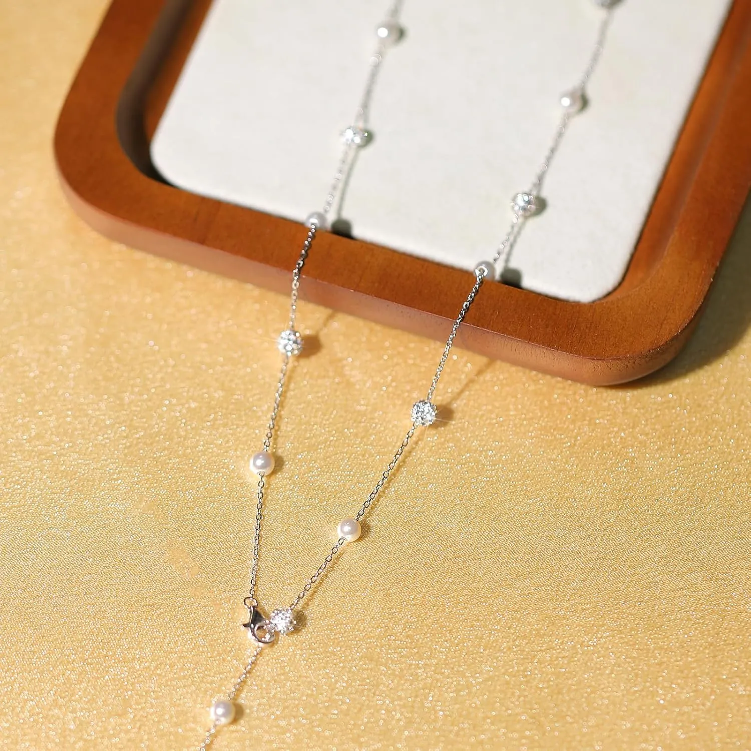 Pearl Necklace for Women 925 Sterling Silver Pearl Drop Y Necklace with Cubic Zirconia Crystal Ball Sparkle Necklace for Brides Adjustable Silver Wedding Necklace Birthday Everyday Jewelry18.31" Graduation Gifts