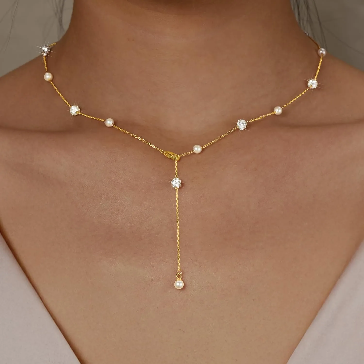 Pearl Necklace for Women 925 Sterling Silver Pearl Drop Y Necklace with Cubic Zirconia Crystal Ball Sparkle Necklace for Brides Adjustable Silver Wedding Necklace Birthday Everyday Jewelry18.31" Graduation Gifts