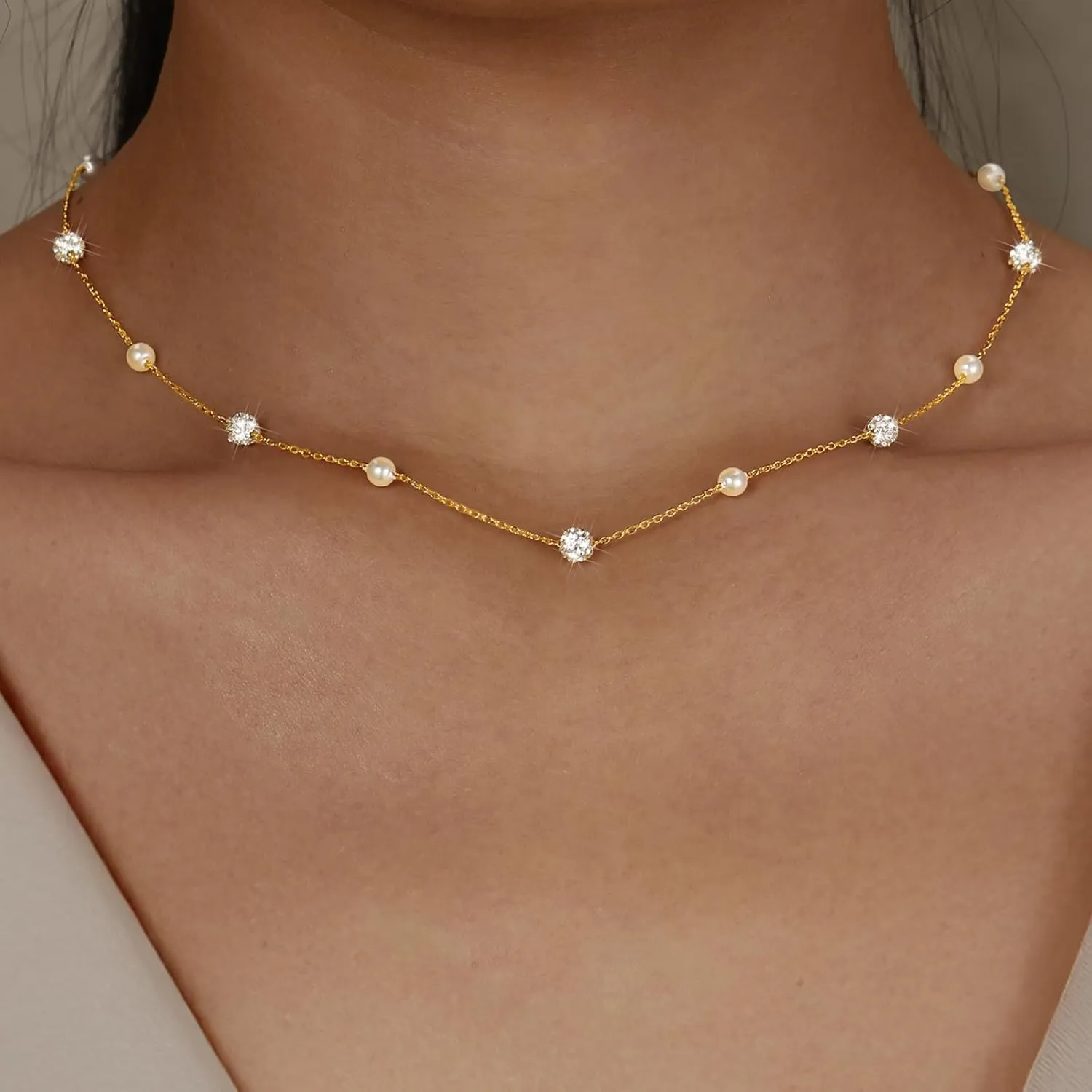 Pearl Necklace for Women 925 Sterling Silver Pearl Drop Y Necklace with Cubic Zirconia Crystal Ball Sparkle Necklace for Brides Adjustable Silver Wedding Necklace Birthday Everyday Jewelry18.31" Graduation Gifts