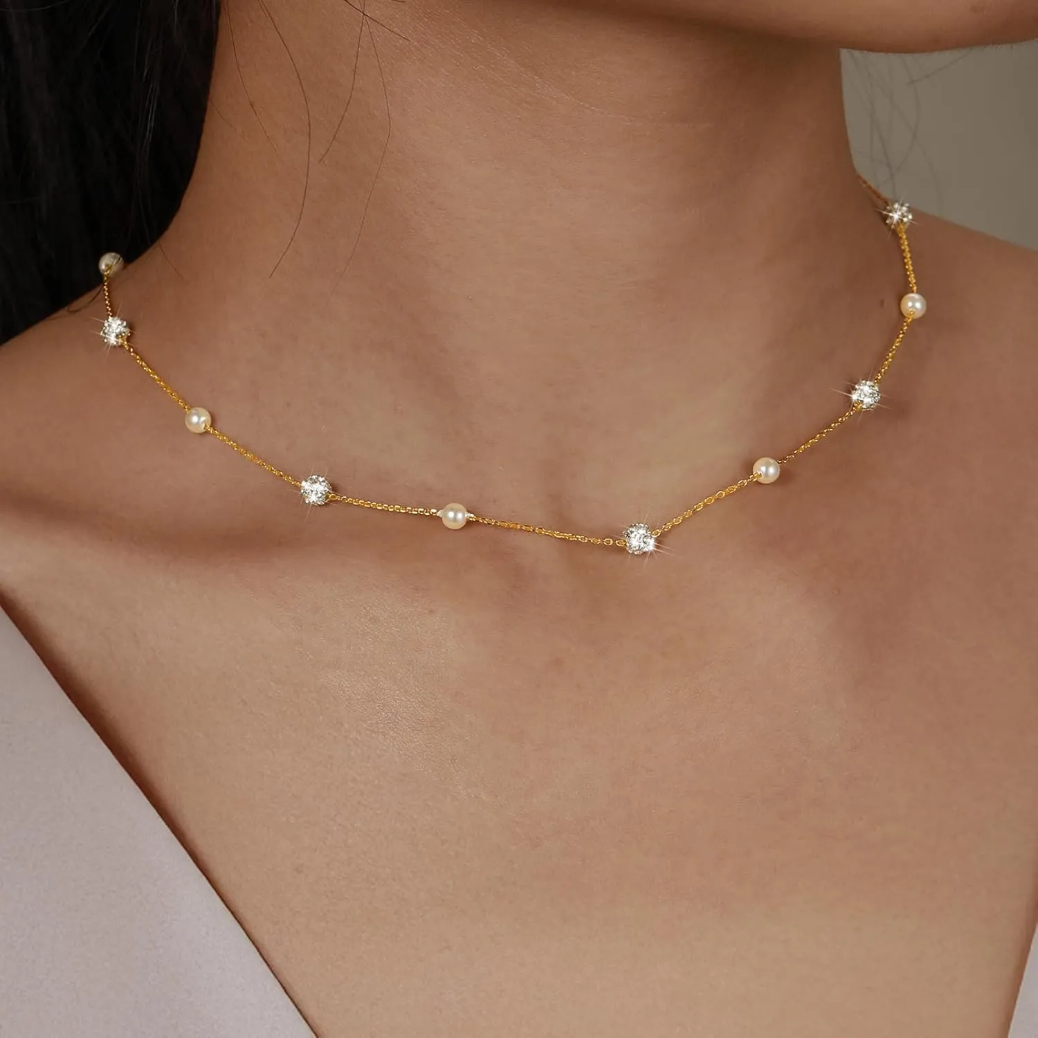 Pearl Necklace for Women 925 Sterling Silver Pearl Drop Y Necklace with Cubic Zirconia Crystal Ball Sparkle Necklace for Brides Adjustable Silver Wedding Necklace Birthday Everyday Jewelry18.31" Graduation Gifts
