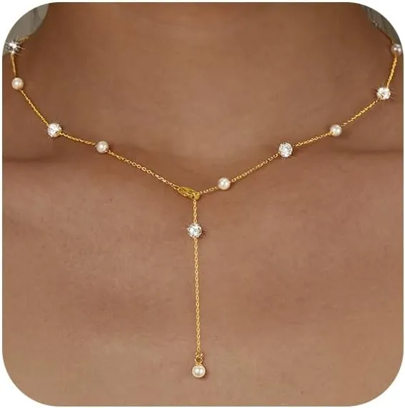 Pearl Necklace for Women 925 Sterling Silver Pearl Drop Y Necklace with Cubic Zirconia Crystal Ball Sparkle Necklace for Brides Adjustable Silver Wedding Necklace Birthday Everyday Jewelry18.31" Graduation Gifts