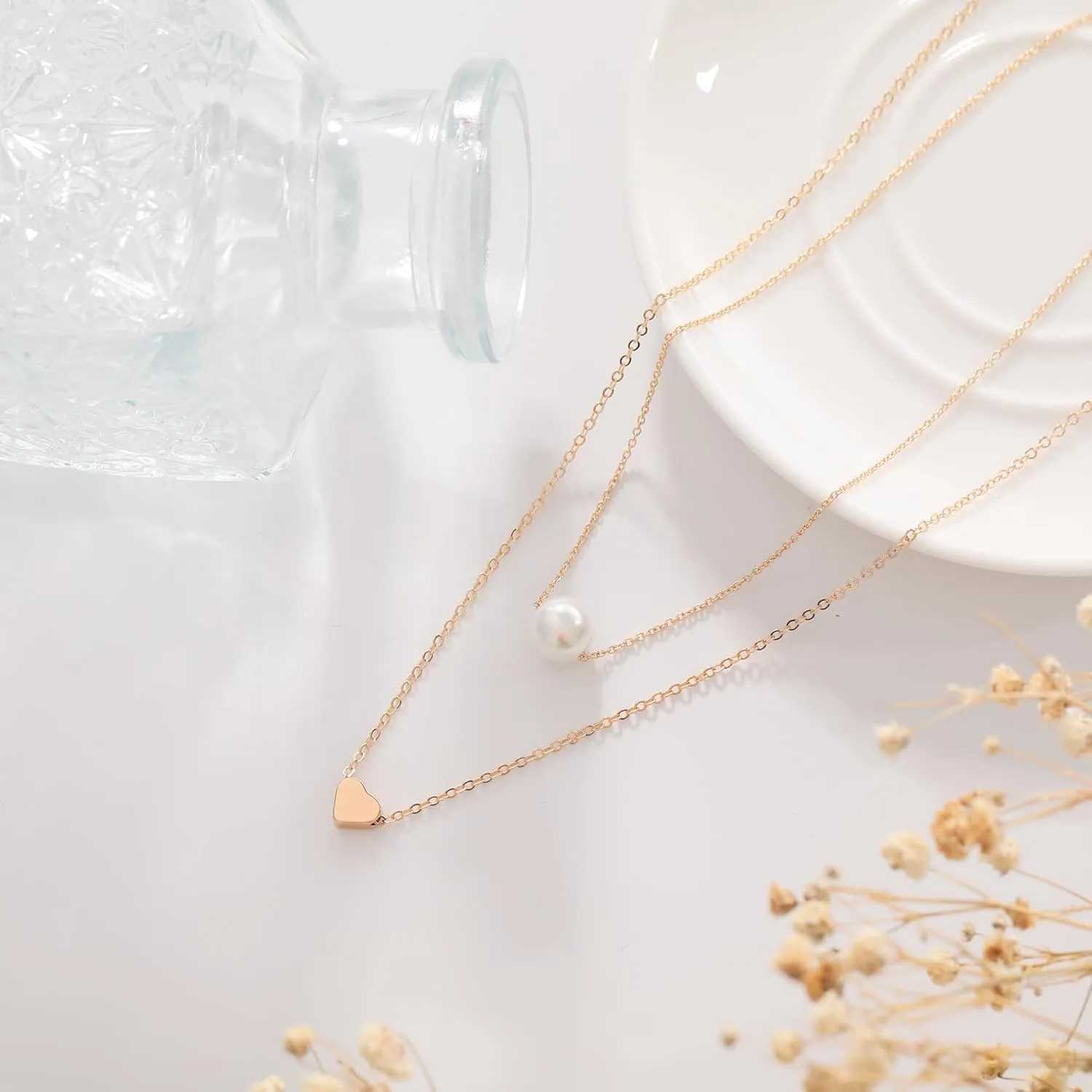 Pearl Necklaces for Women 14k Gold Plated Dainty Choker Layered Pearls Pendant Necklace for Girls Cute Simple Faux Pearl Necklace Trendy Thin Small Drop Chain Wedding Prom Bridal Jewelry Gift