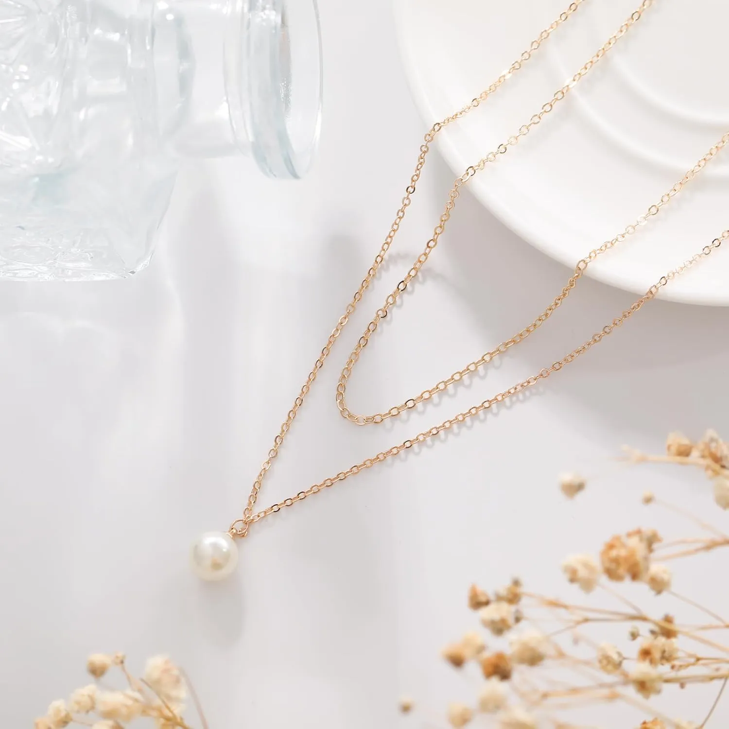 Pearl Necklaces for Women 14k Gold Plated Dainty Choker Layered Pearls Pendant Necklace for Girls Cute Simple Faux Pearl Necklace Trendy Thin Small Drop Chain Wedding Prom Bridal Jewelry Gift