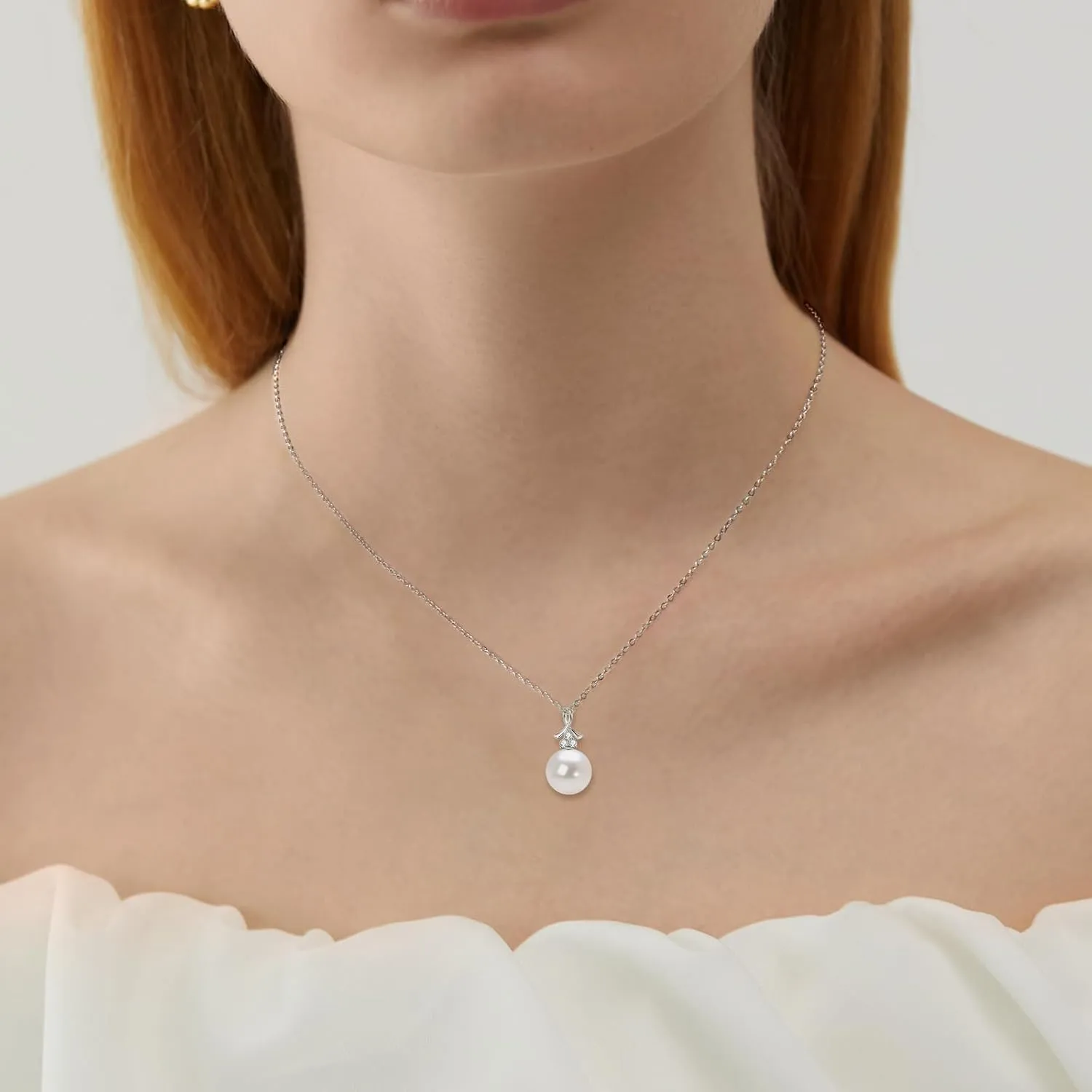 Pearl Pendant Necklaces for Women, Freshwater Cultured White Pearl with 925 Sterling Silver Necklace Chain, Shiny Moissanite Pearl Jewelry Gifts for Mom Wife Girlfriend