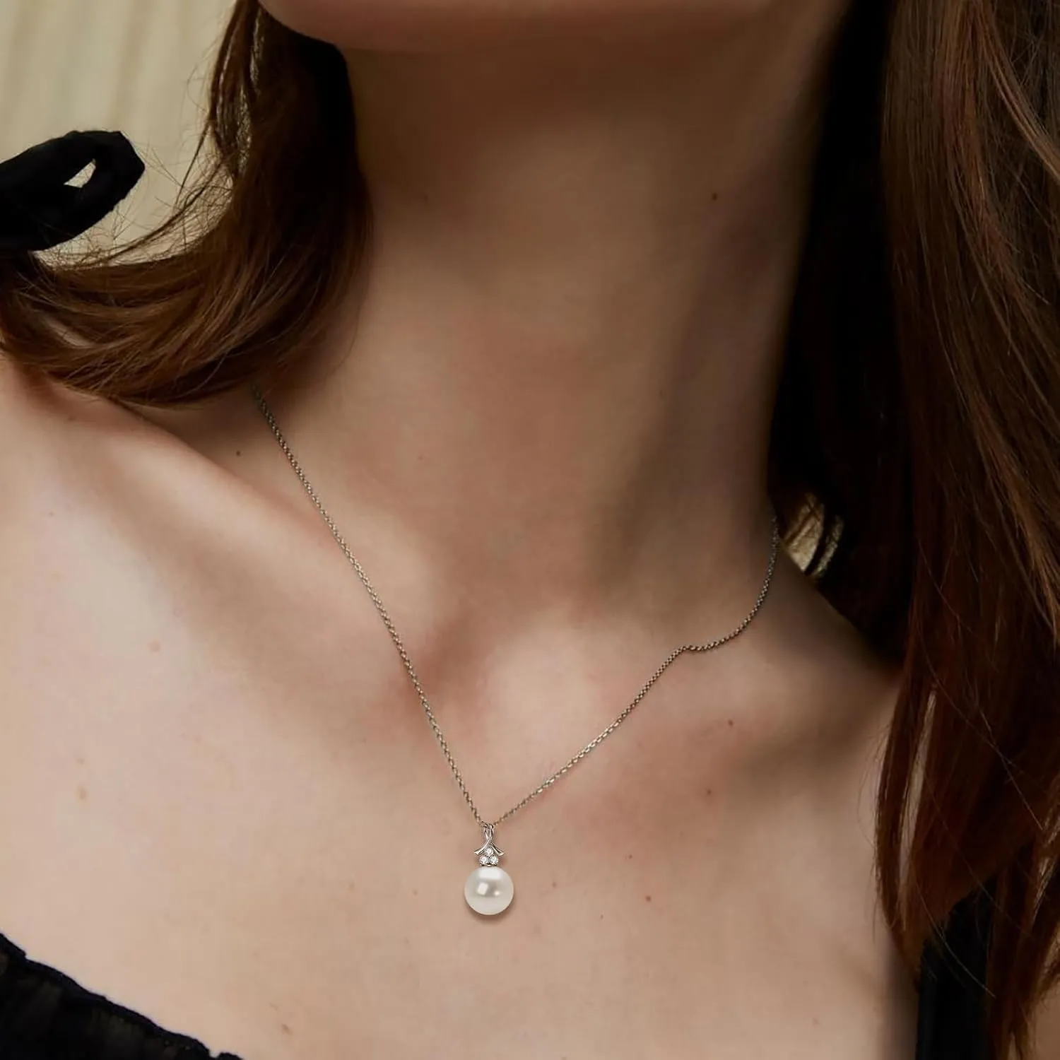 Pearl Pendant Necklaces for Women, Freshwater Cultured White Pearl with 925 Sterling Silver Necklace Chain, Shiny Moissanite Pearl Jewelry Gifts for Mom Wife Girlfriend