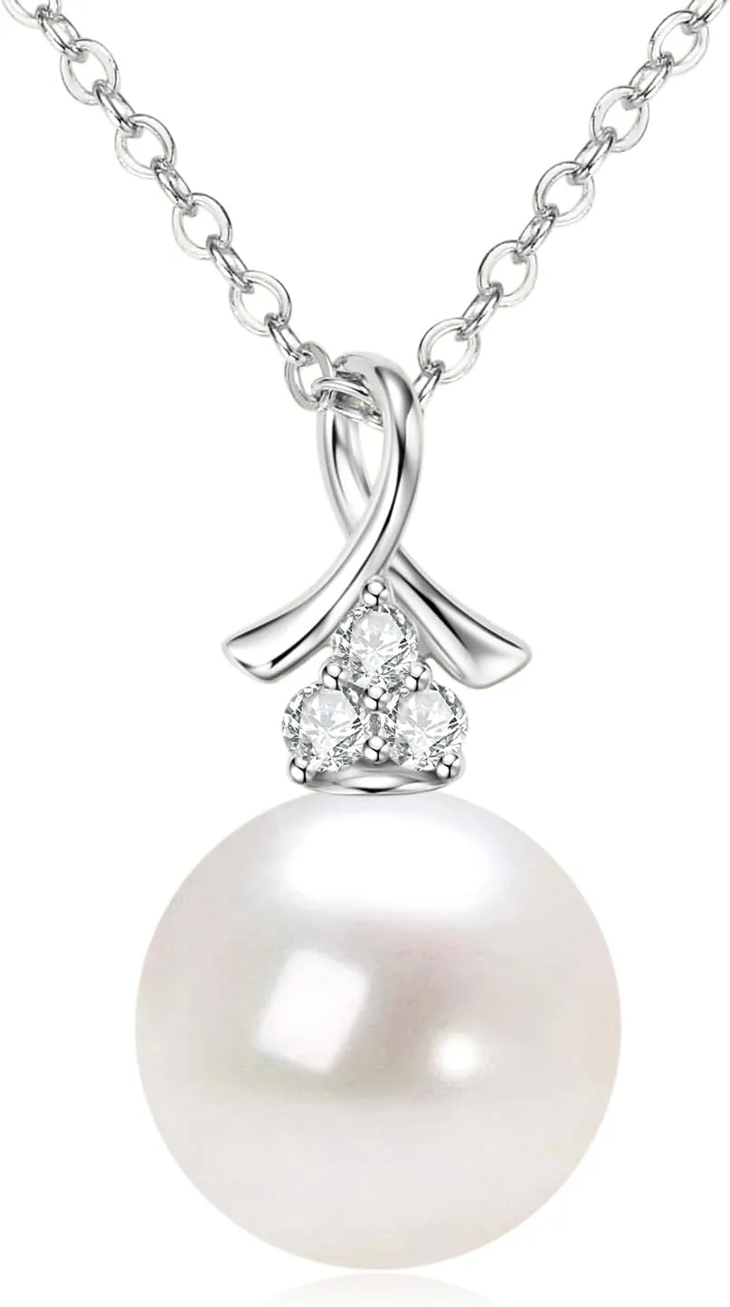 Pearl Pendant Necklaces for Women, Freshwater Cultured White Pearl with 925 Sterling Silver Necklace Chain, Shiny Moissanite Pearl Jewelry Gifts for Mom Wife Girlfriend