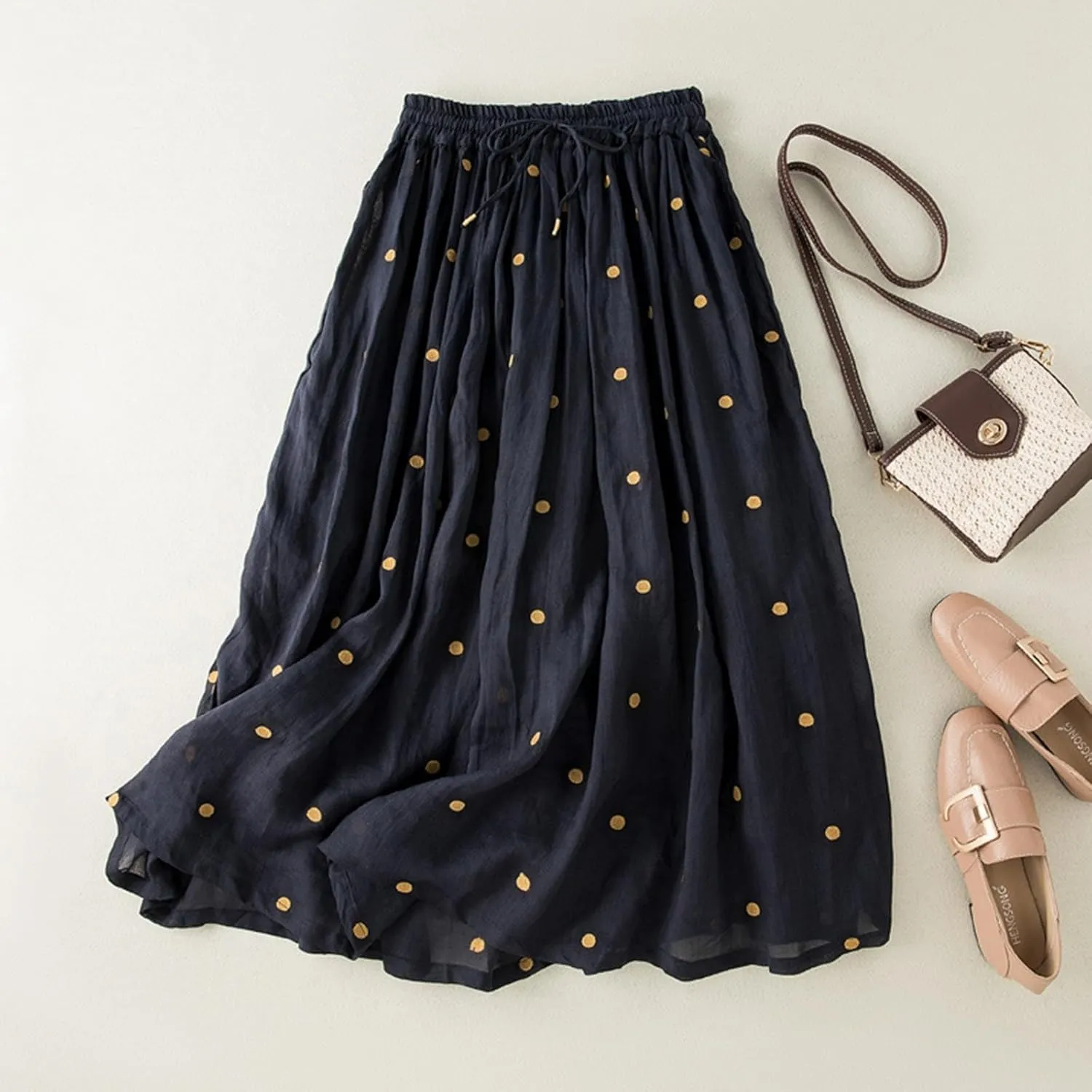 Polka Dot Skirts for Women Midi Length Casual Drawstring Elastic Waisted Swing A-Line Pleated Skirt