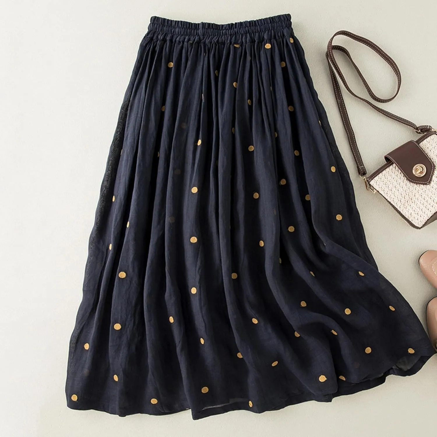 Polka Dot Skirts for Women Midi Length Casual Drawstring Elastic Waisted Swing A-Line Pleated Skirt