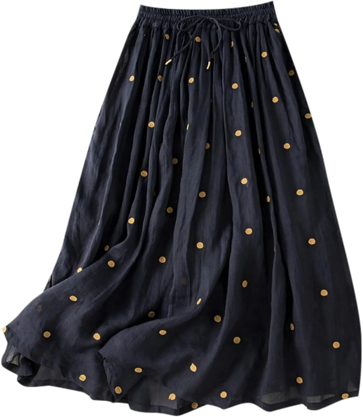 Polka Dot Skirts for Women Midi Length Casual Drawstring Elastic Waisted Swing A-Line Pleated Skirt