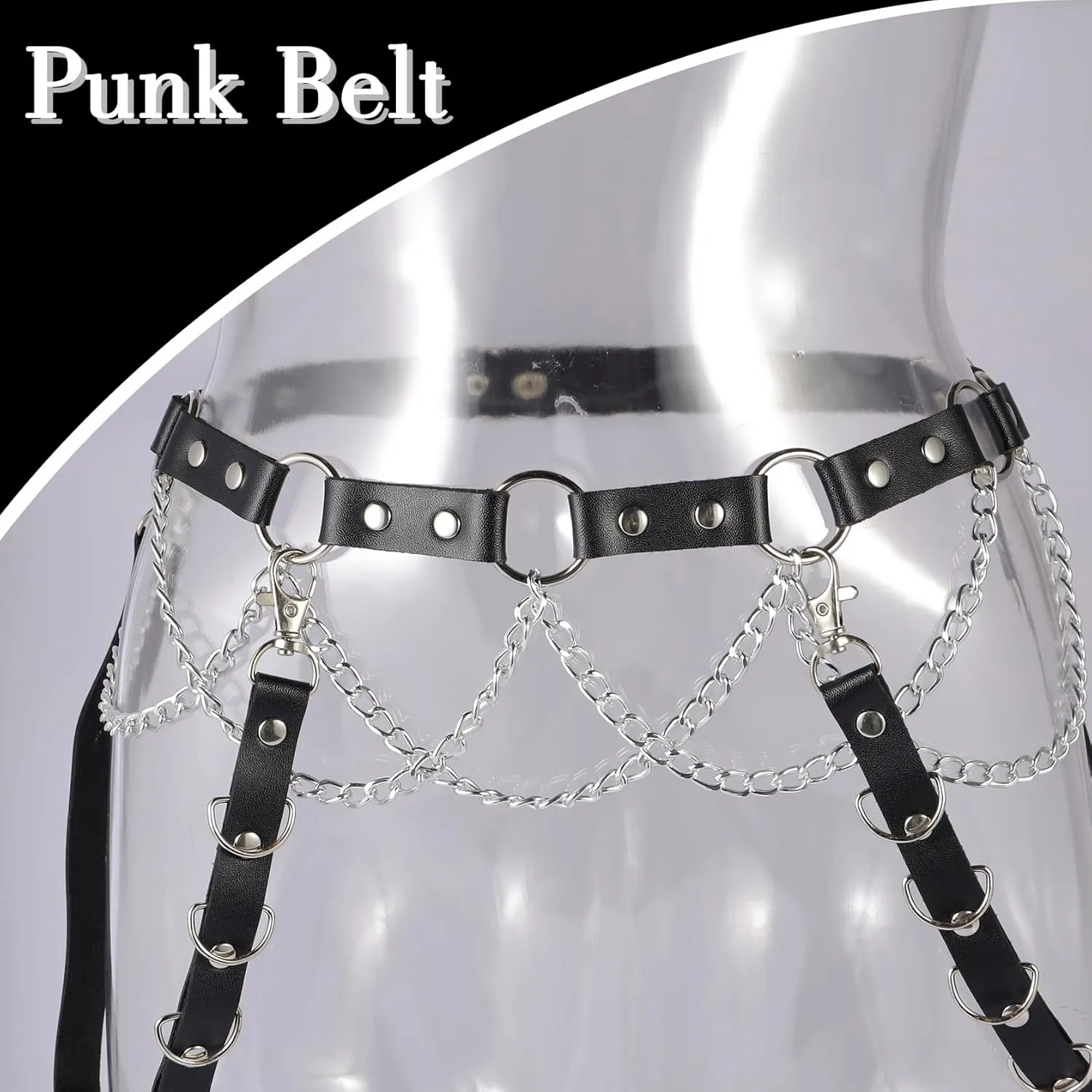 Punk Leather Belt, Gothic Chain Belt for Women, Punk Rock Waist Belts for Jeans Pants