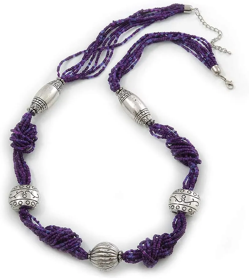 Purple Glass Bead With Hammered Metal Station Long Necklace In Silver Tone Finish - 70cm Length/ 7cm Extension