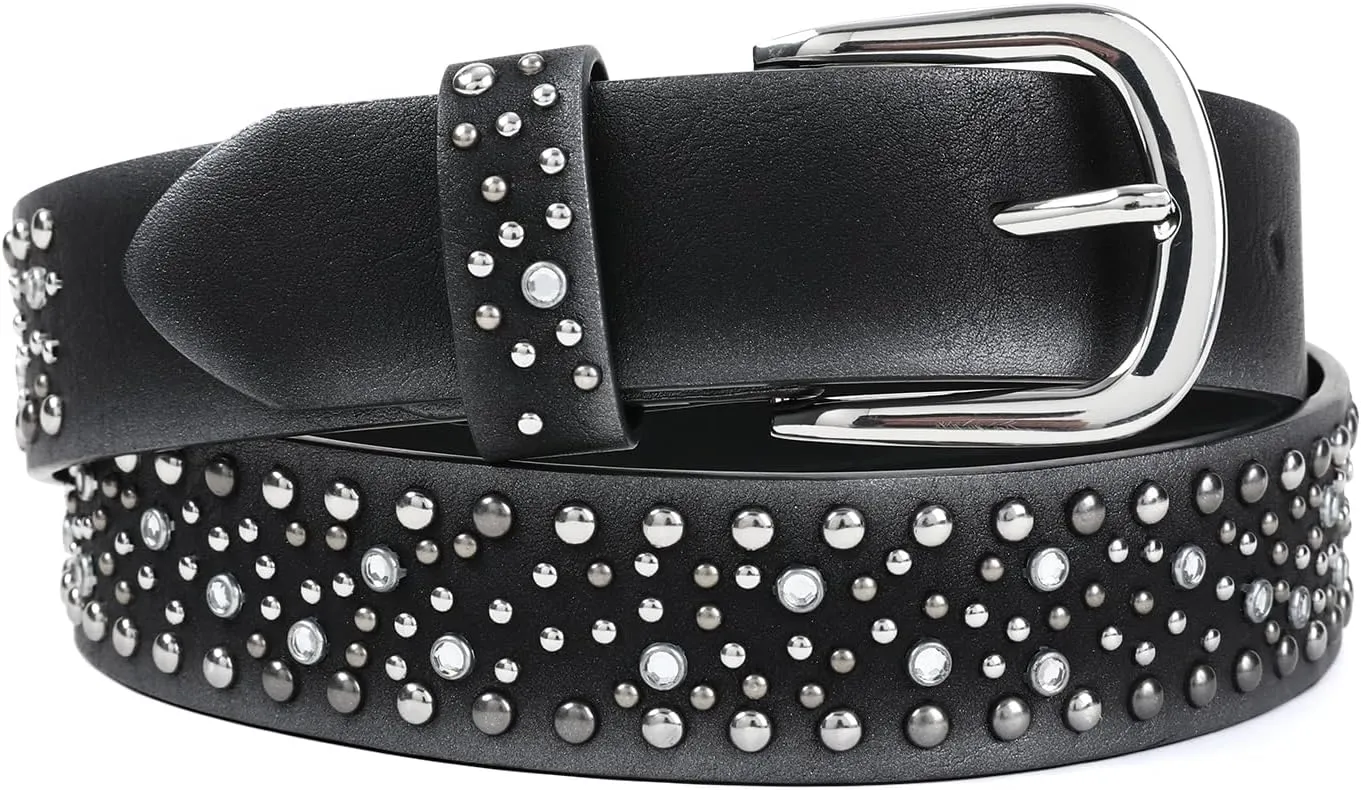 Rhinestone Belt for Women Western Cowgirl Silver Studs Black Leather Belts for Jeans Pants Y2k Bling Belts
