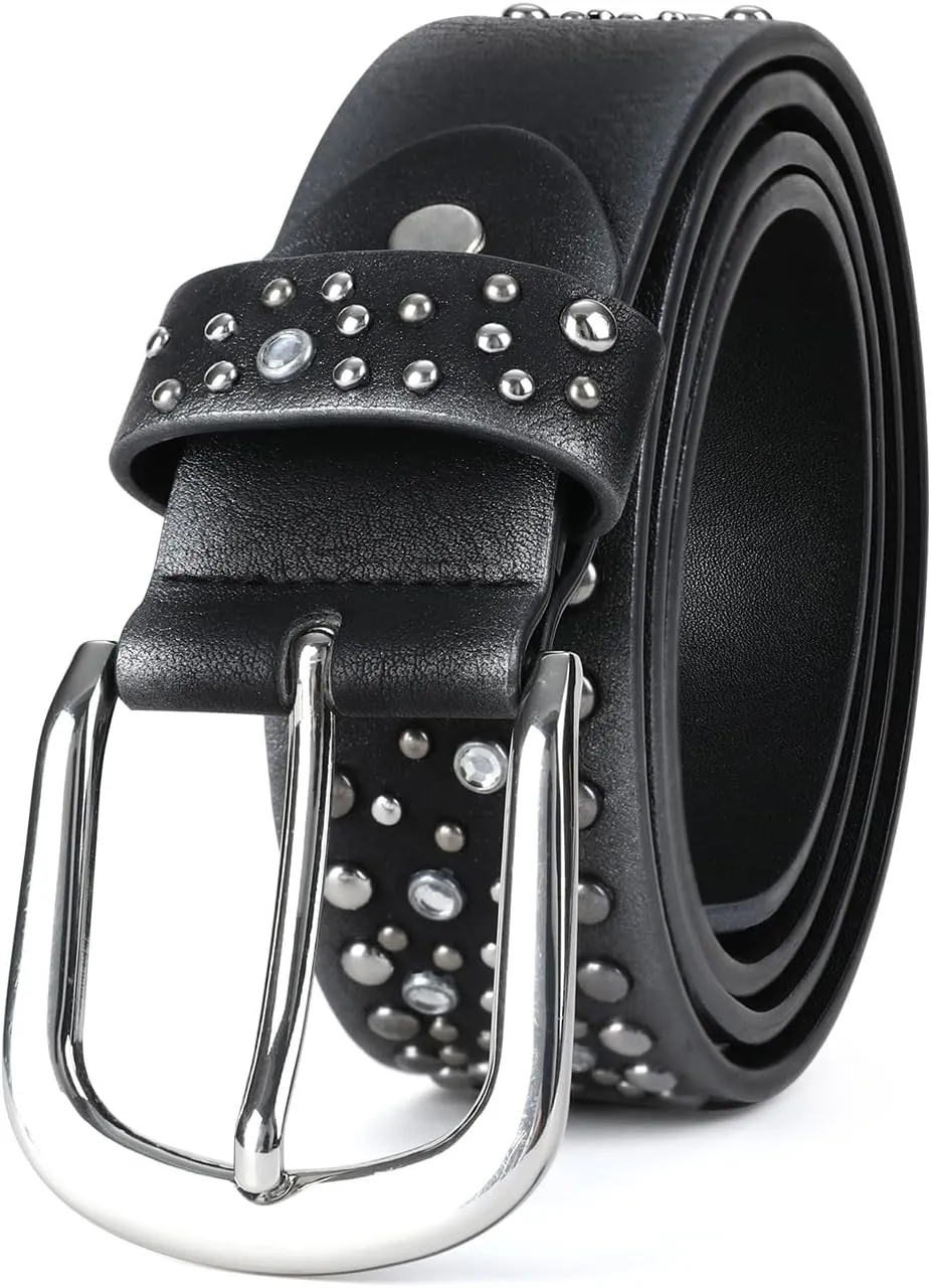 Rhinestone Belt for Women Western Cowgirl Silver Studs Black Leather Belts for Jeans Pants Y2k Bling Belts