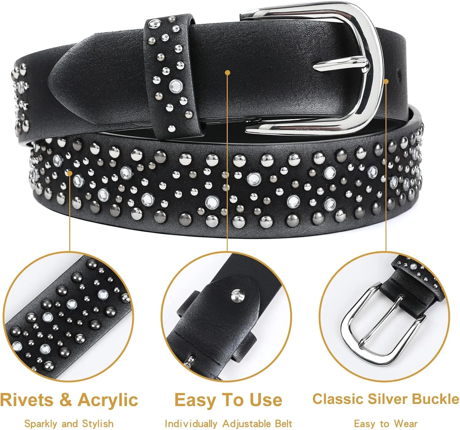 Rhinestone Belt for Women Western Cowgirl Silver Studs Black Leather Belts for Jeans Pants Y2k Bling Belts