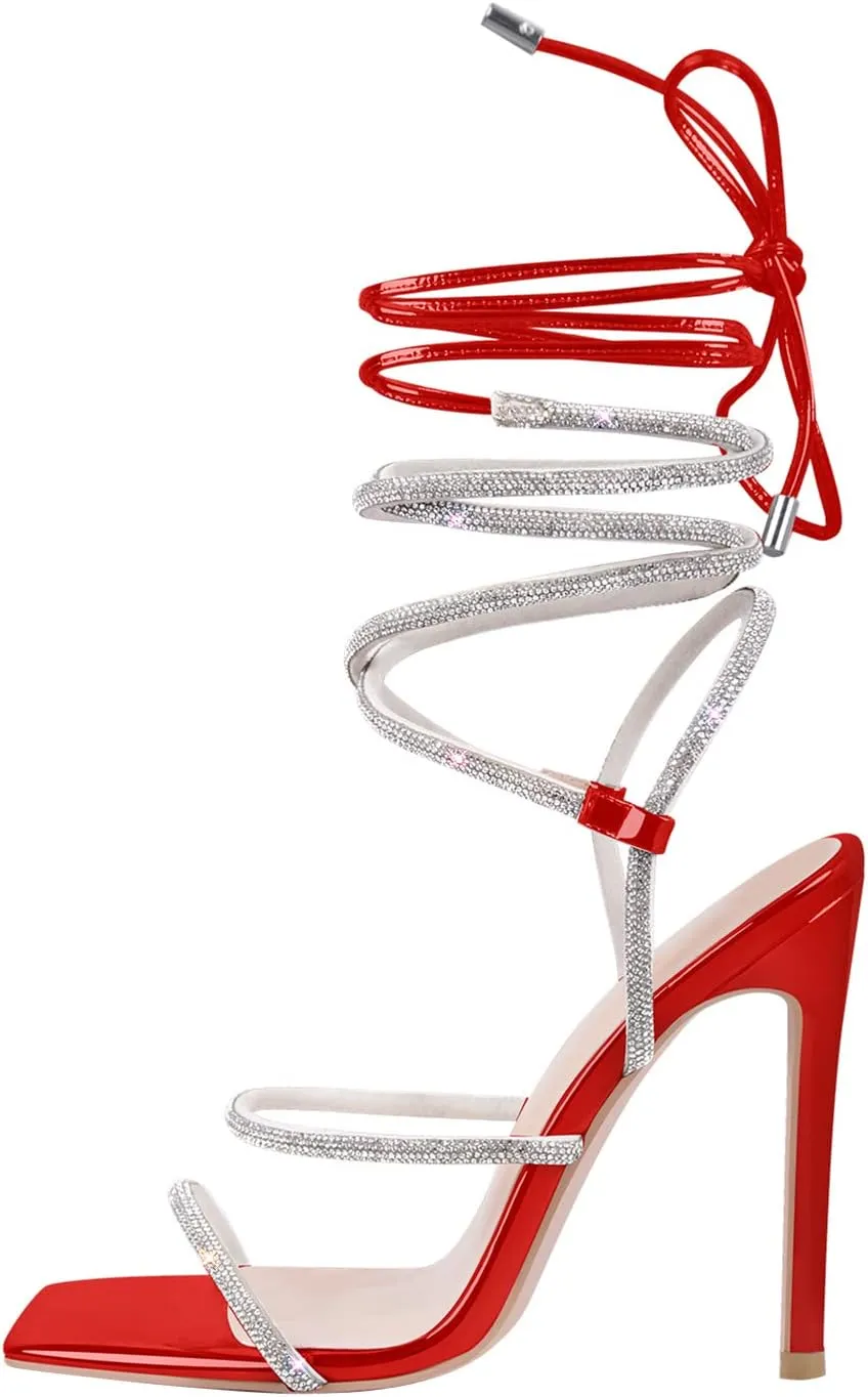 richealnini Women's Square Toe Lace Up Stilettos High Heel Sandals