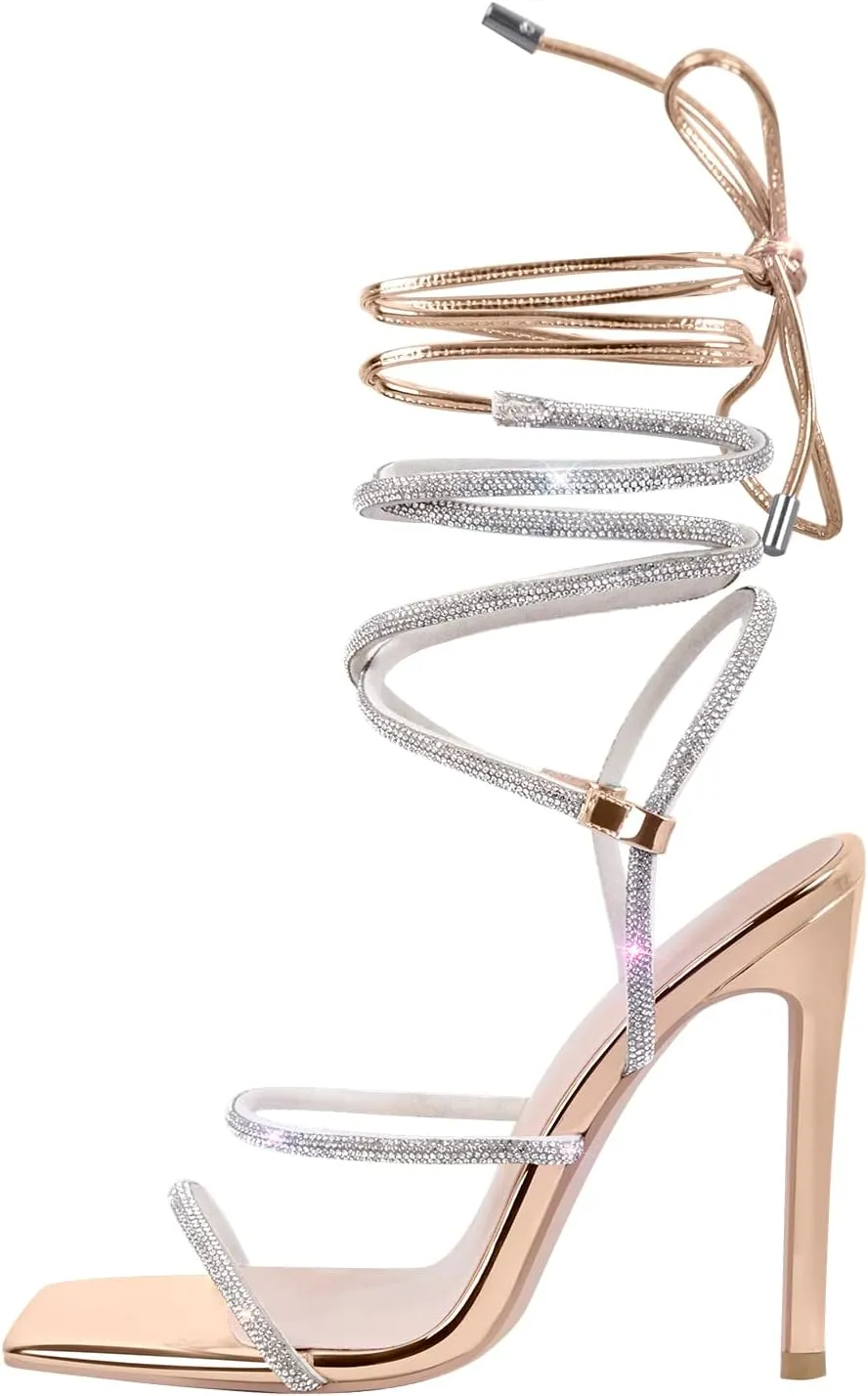 richealnini Women's Square Toe Lace Up Stilettos High Heel Sandals