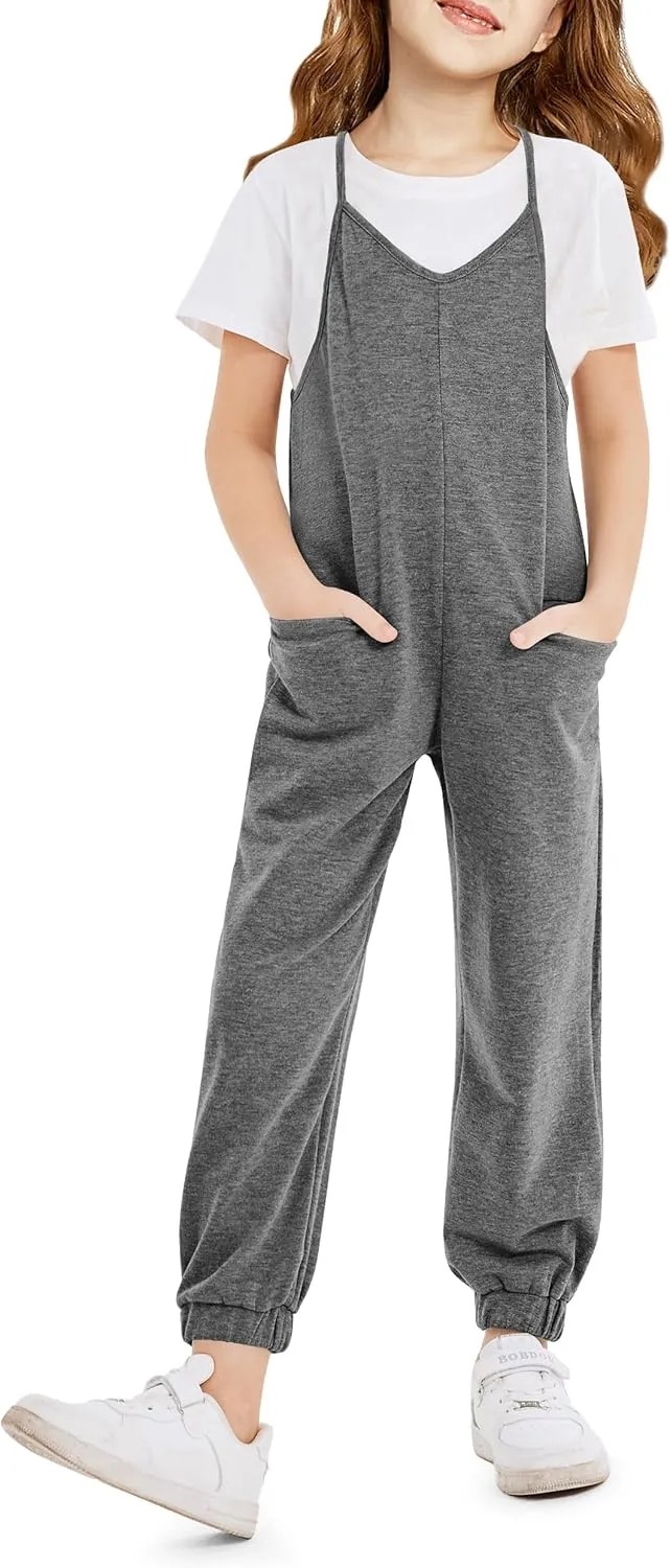 rrhss Girls Jumpsuit Romper Sleeveless Cute Long Pants Casual Plain Color Overalls with Side Pockets