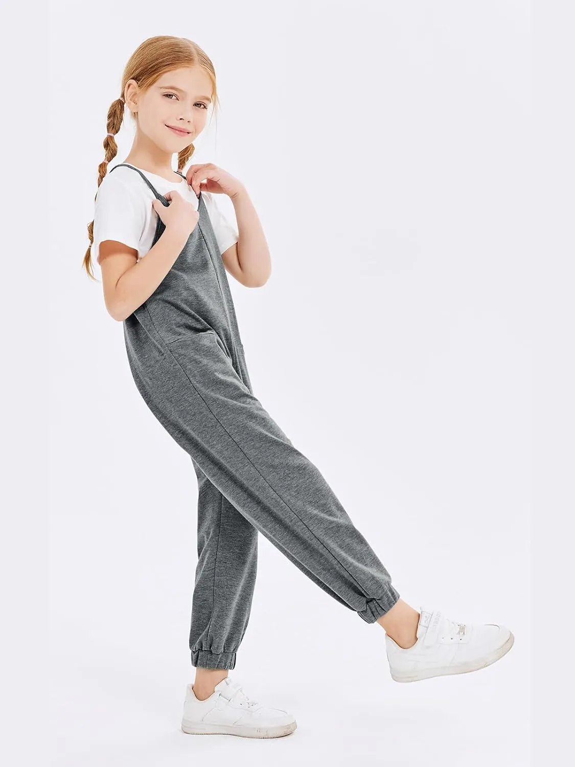 rrhss Girls Jumpsuit Romper Sleeveless Cute Long Pants Casual Plain Color Overalls with Side Pockets