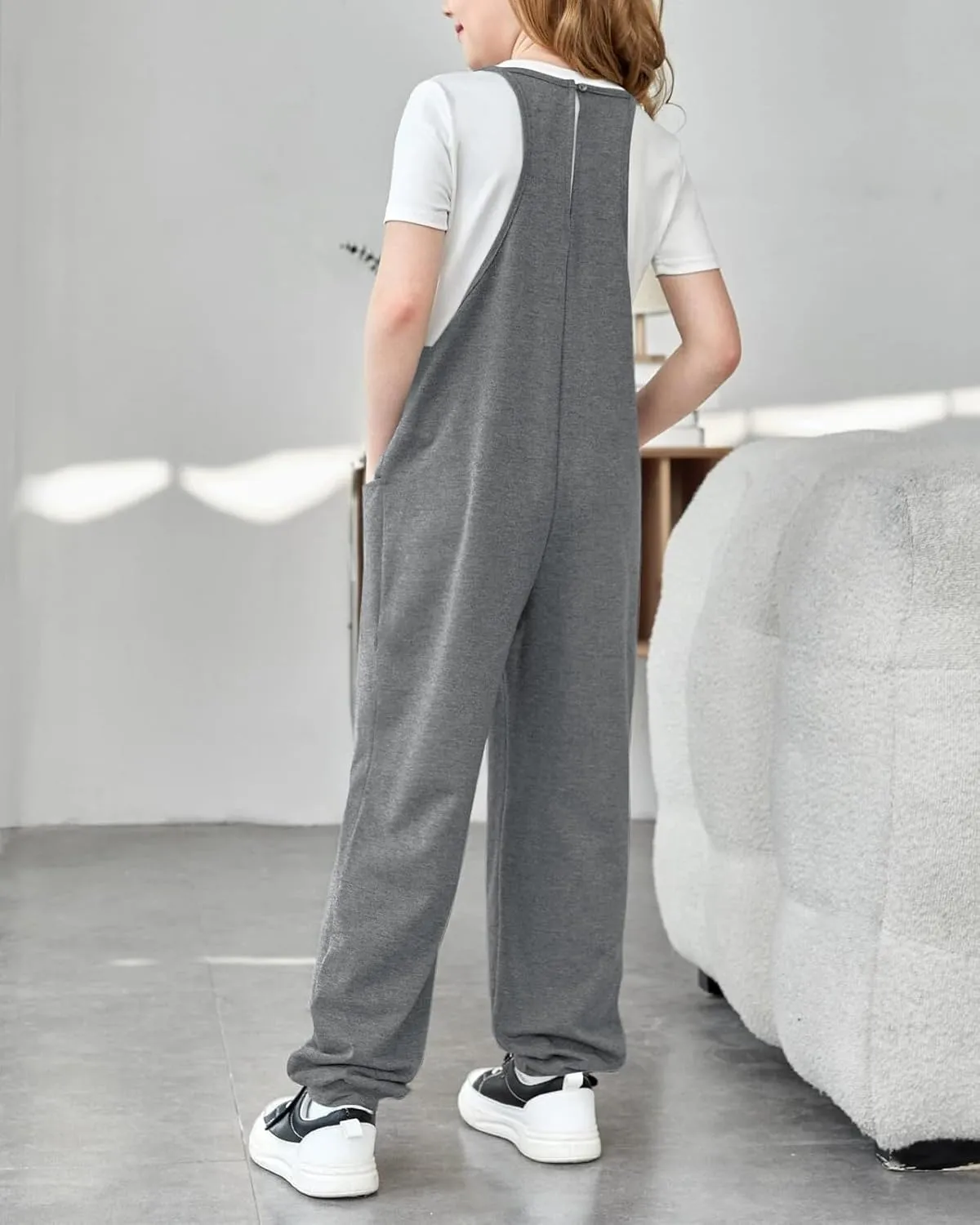 rrhss Girls Jumpsuit Romper Sleeveless Cute Long Pants Casual Plain Color Overalls with Side Pockets