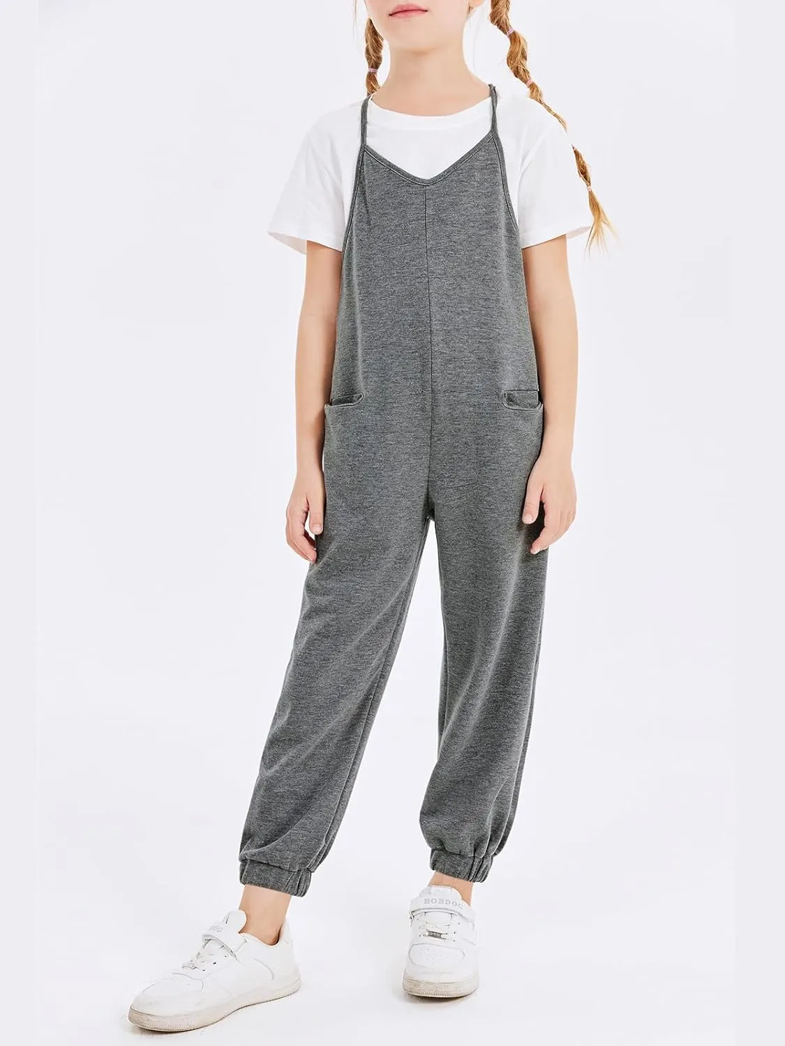 rrhss Girls Jumpsuit Romper Sleeveless Cute Long Pants Casual Plain Color Overalls with Side Pockets
