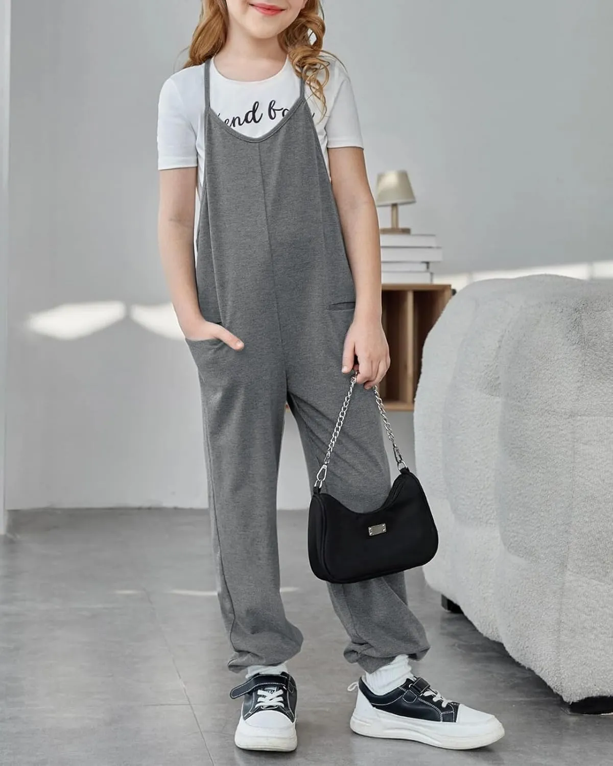rrhss Girls Jumpsuit Romper Sleeveless Cute Long Pants Casual Plain Color Overalls with Side Pockets