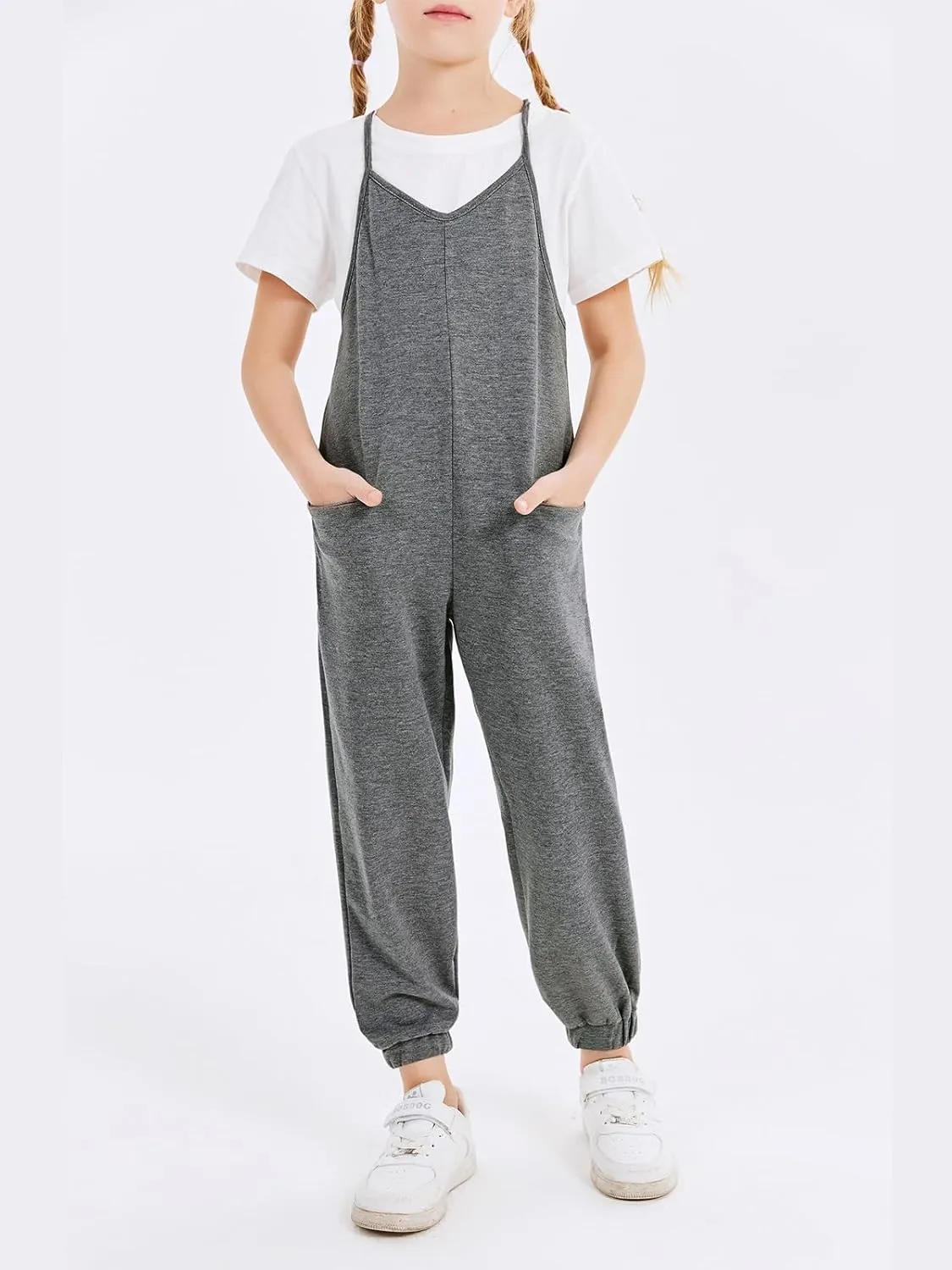 rrhss Girls Jumpsuit Romper Sleeveless Cute Long Pants Casual Plain Color Overalls with Side Pockets