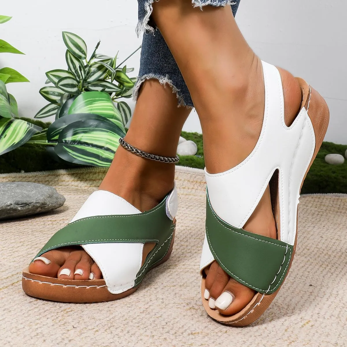 SACFOF Womens Orthopedic Sandals Summer Color Block Arch Support Shoes Casual Ankle Strap Slingback Comfortable Dress Shoes